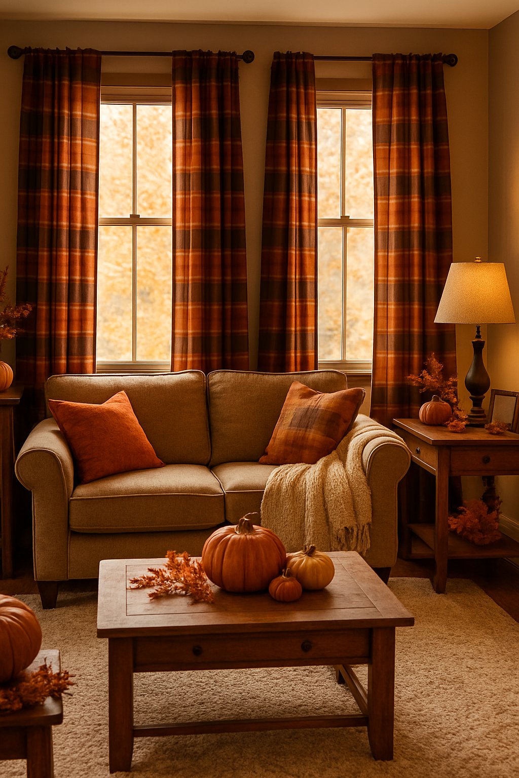 A living room with plaid curtains, fall decorations, and warm natural light coming through the windows.