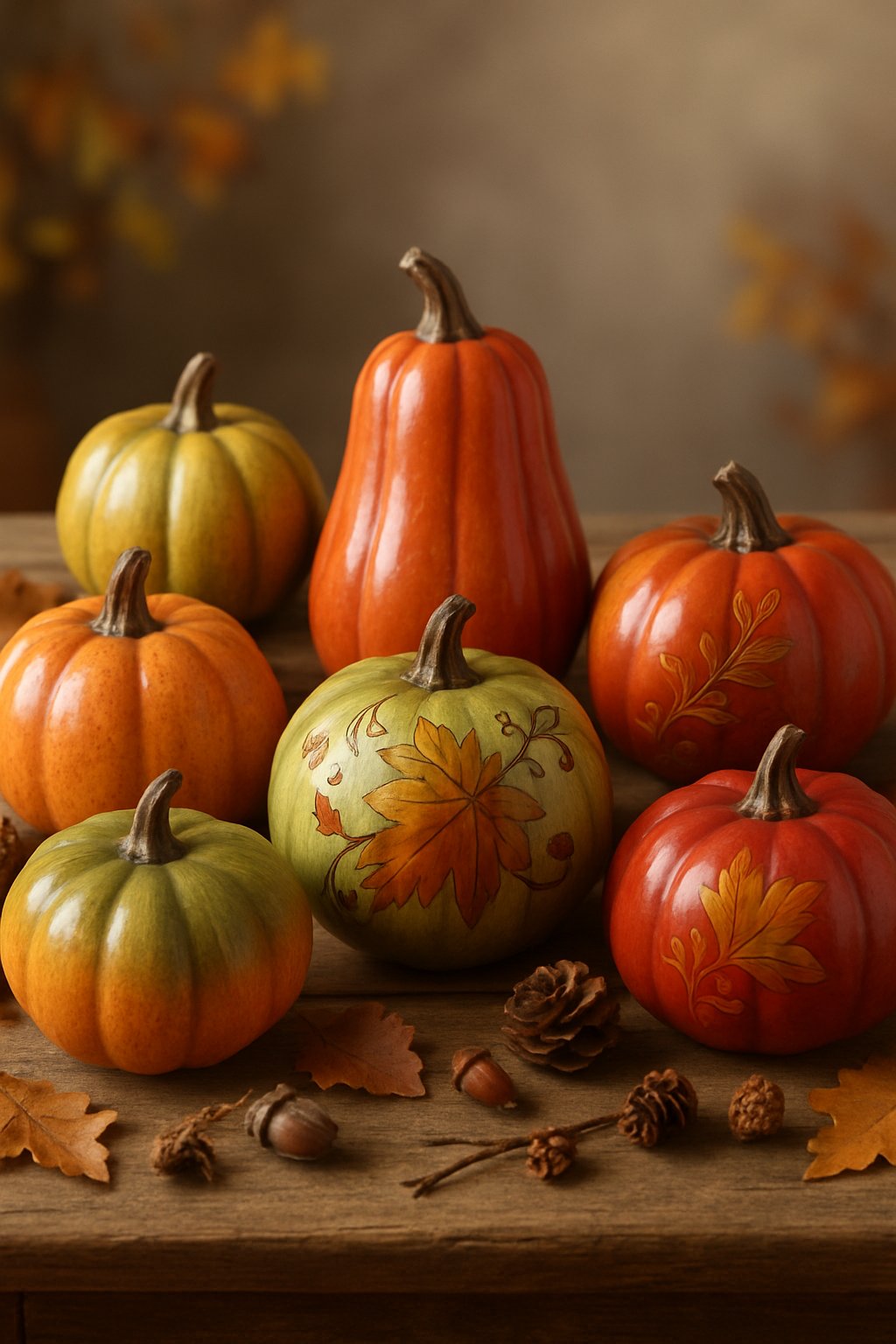 A collection of hand-painted ceramic pumpkins arranged on a wooden table with fall leaves and pine cones around them.