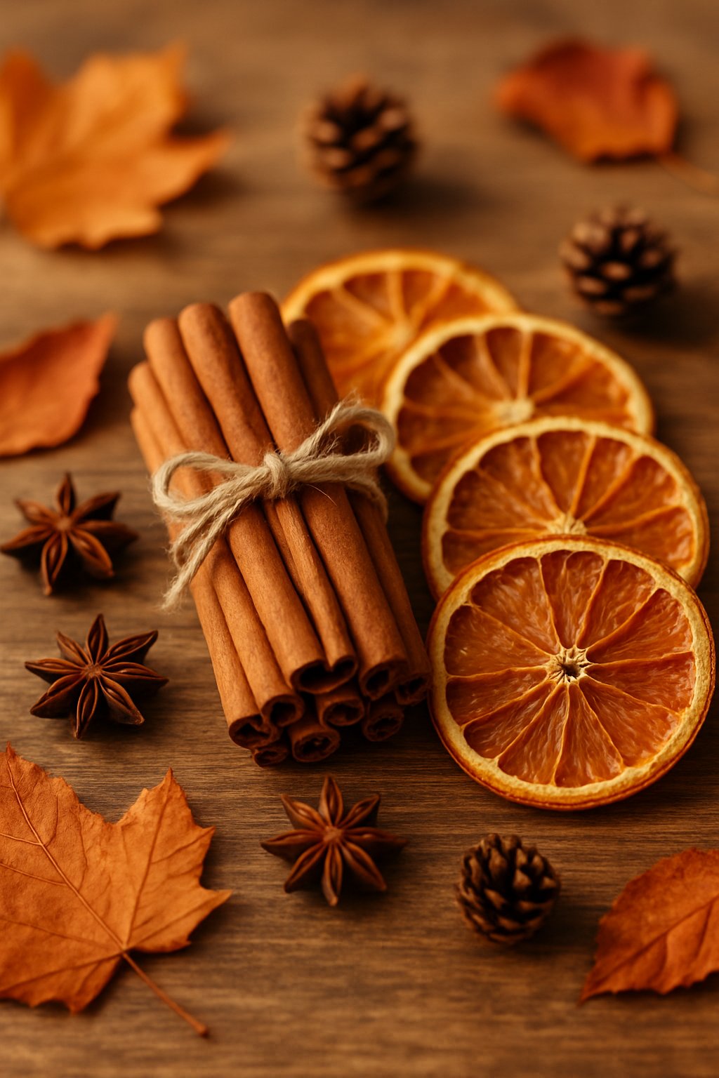 Close-up of cinnamon sticks and dried orange slices arranged on a wooden surface with autumn leaves and pine cones around them.