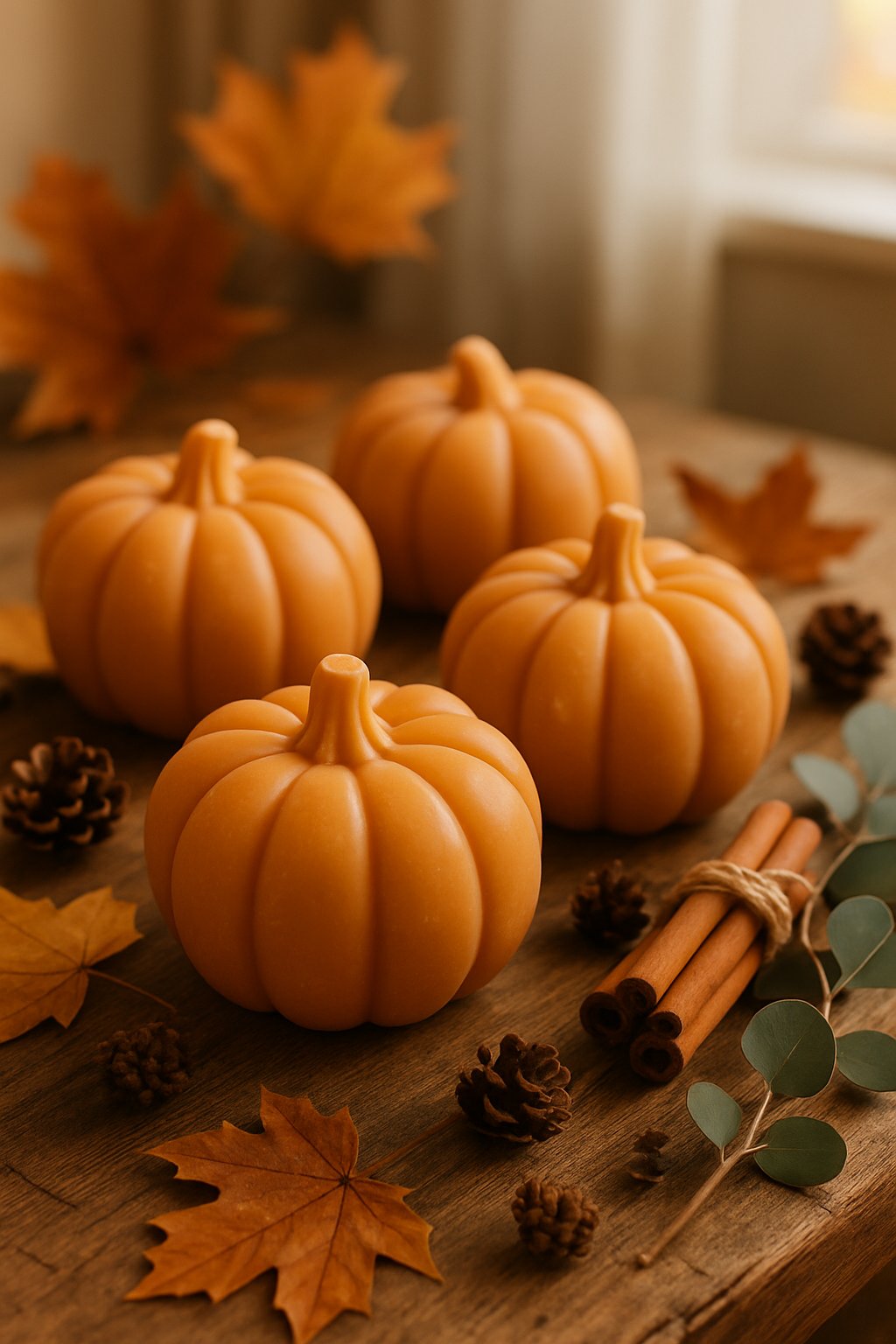 Pumpkin-shaped soap bars arranged on a wooden surface with autumn leaves and fall decorations in a cozy room.