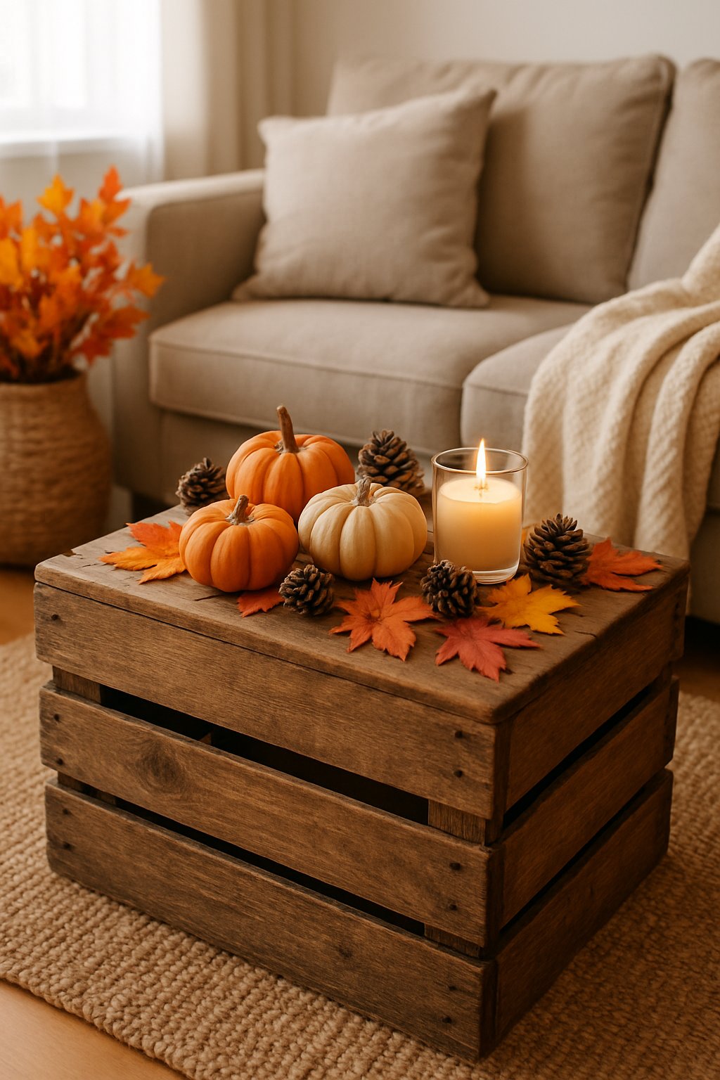 A rustic wooden crate used as a coffee table decorated with pumpkins, autumn leaves, pinecones, and a candle in a cozy living room.