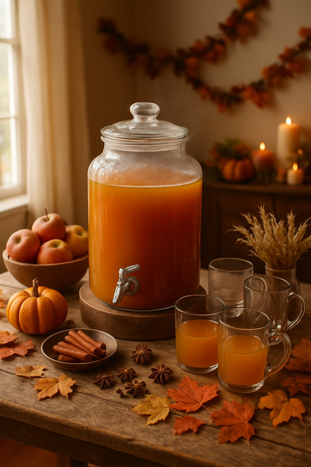 A cozy indoor setup of a spiced apple cider station with a glass dispenser, mugs, pumpkins, apples, cinnamon sticks, and fall decorations on a wooden table.