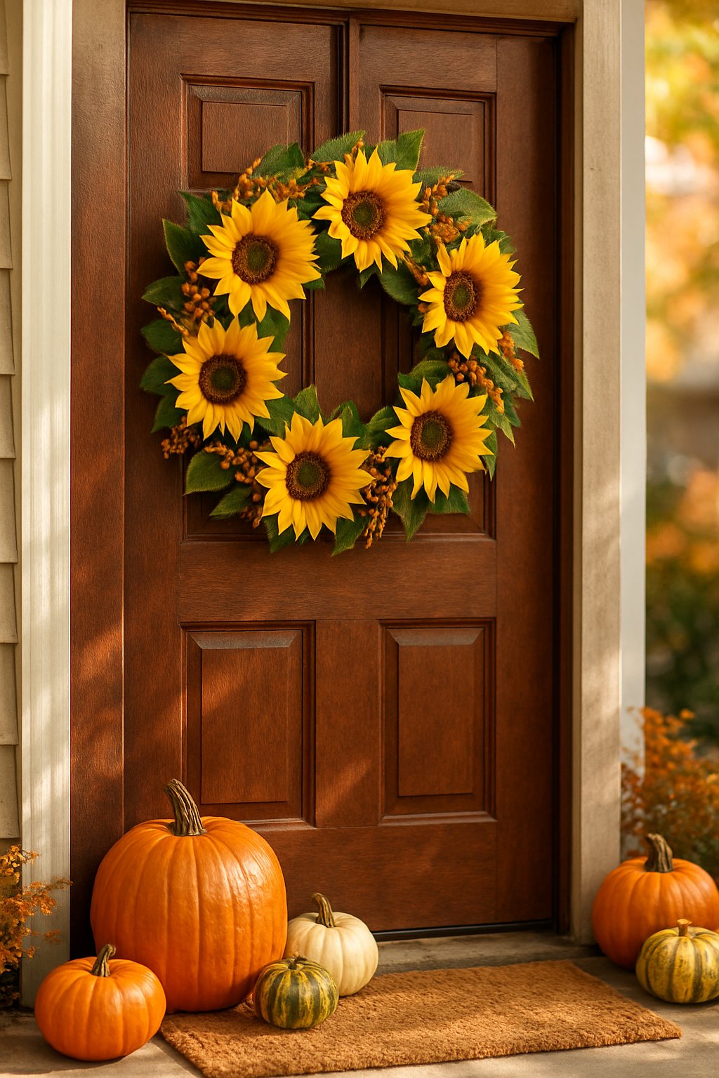 A sunflower wreath decorated with autumn accents hanging on a wooden front door surrounded by fall decorations.