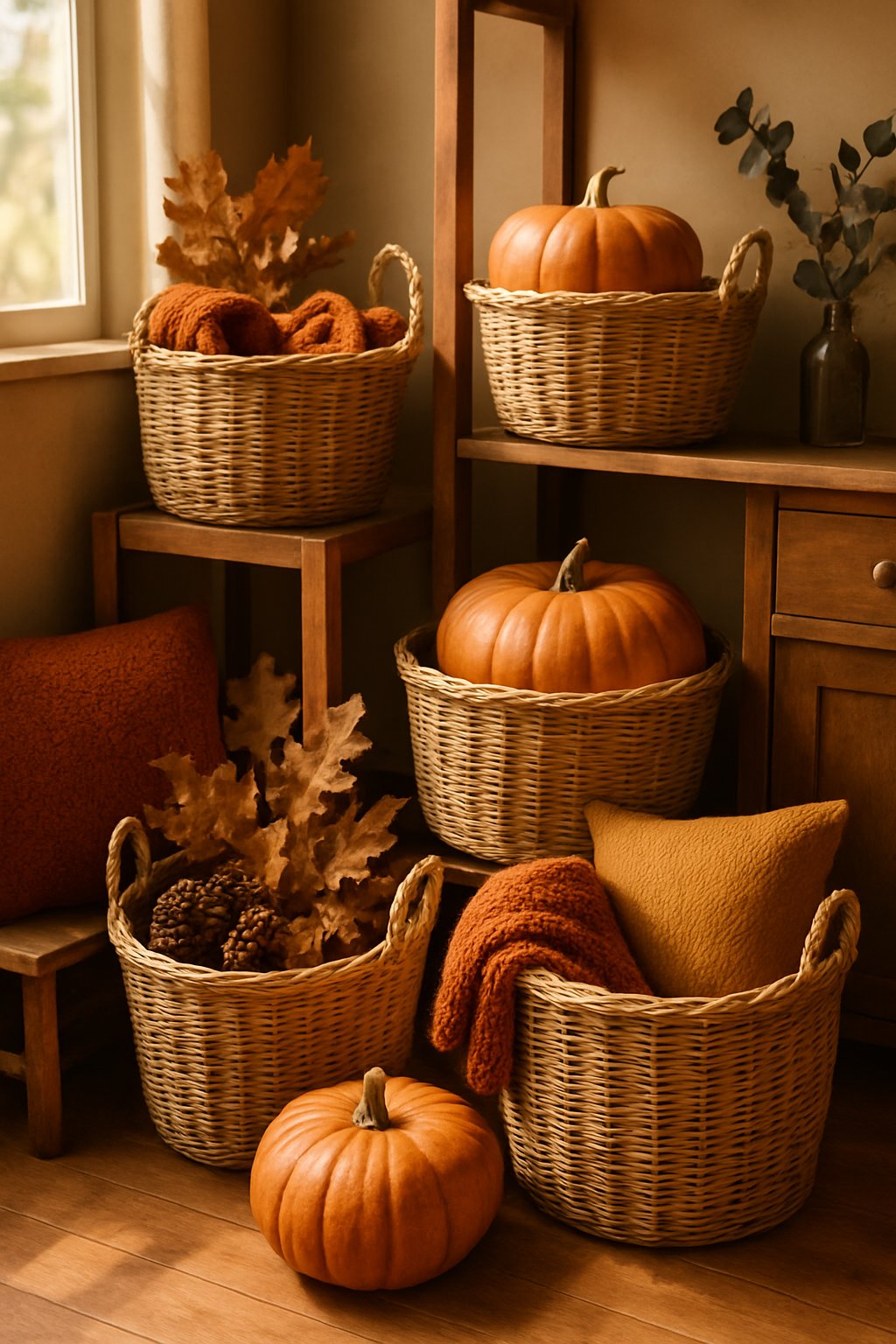 A cozy room with handwoven wicker baskets filled with autumn decorations like pumpkins and dried leaves, surrounded by warm textiles and rustic furniture.