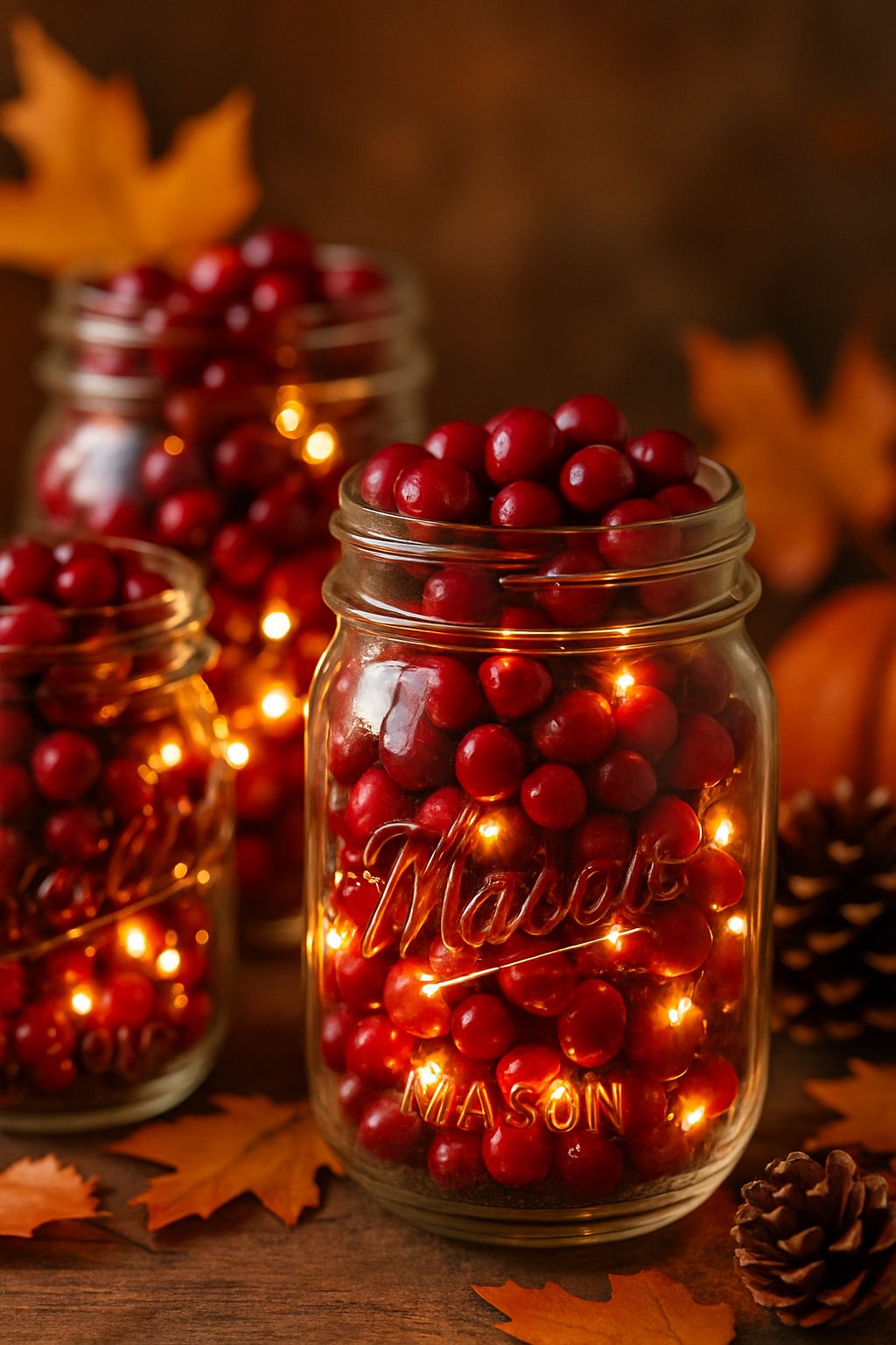 Mason jars filled with cranberries and glowing fairy lights arranged with autumn leaves and pinecones on a wooden surface.