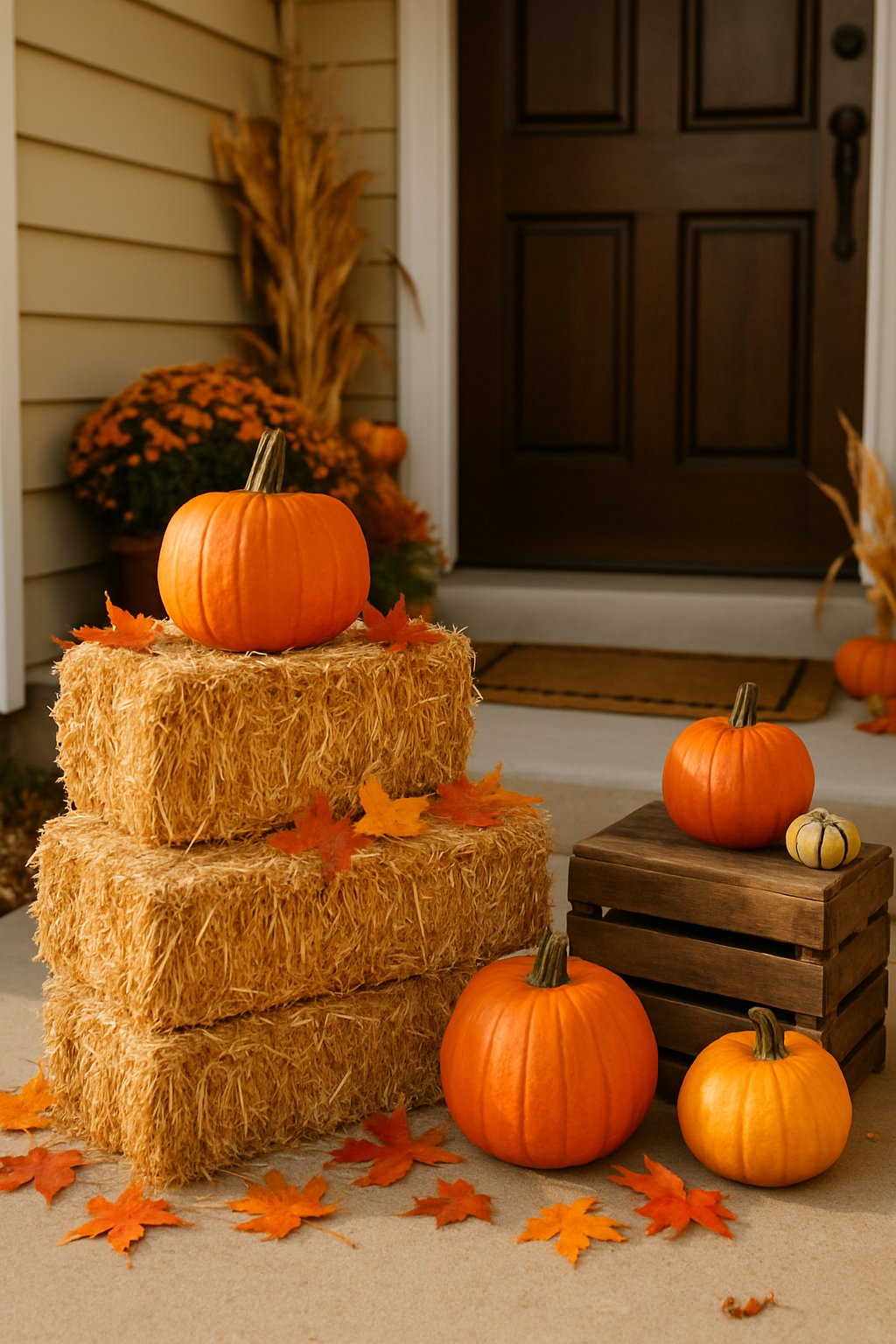 Mini hay bales stacked in a home entryway decorated with pumpkins and fall leaves.