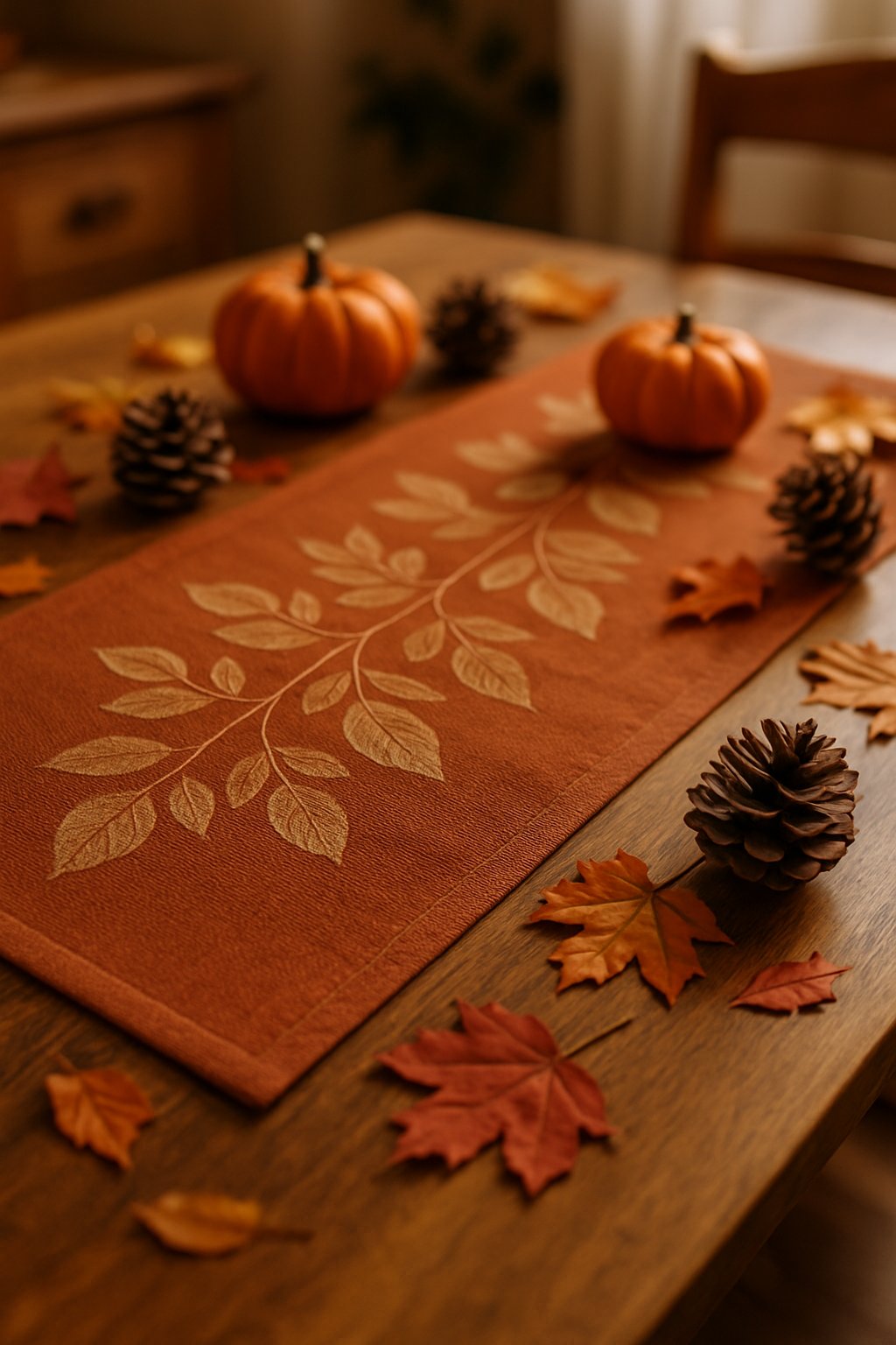 A burnt orange table runner with leaf patterns on a wooden table surrounded by fall decorations like pumpkins and pine cones.