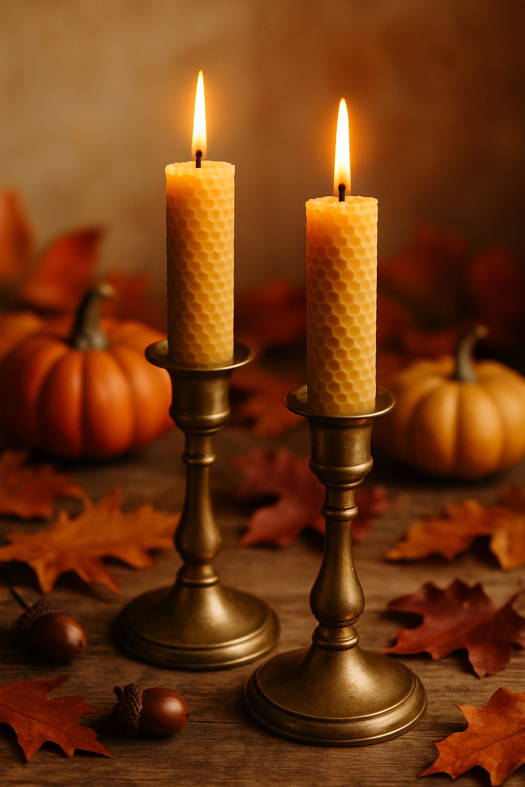 A pair of vintage brass candlesticks with beeswax candles surrounded by autumn leaves and small pumpkins on a wooden surface.