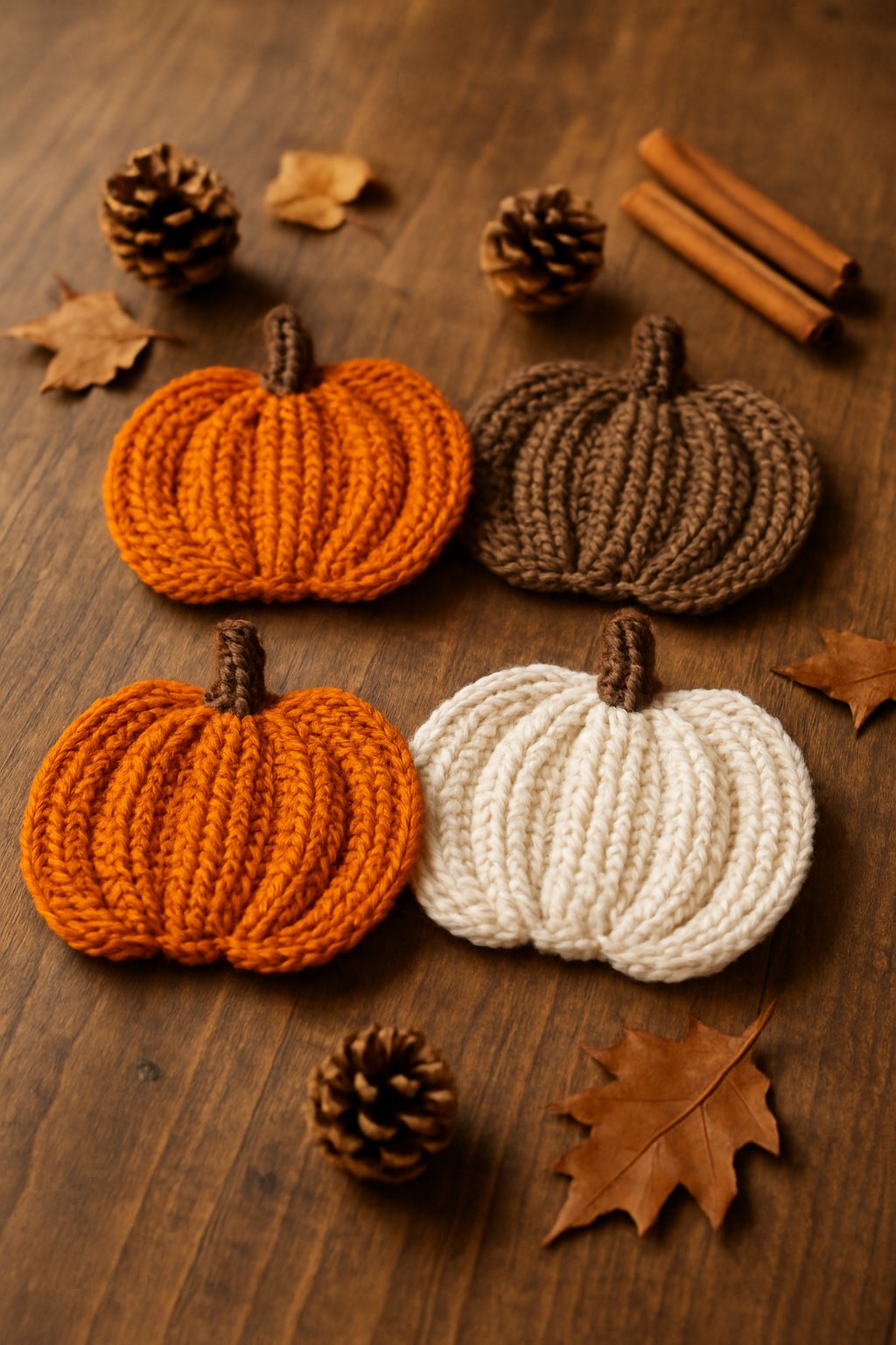 Knitted pumpkin-shaped coasters arranged on a wooden table with fall decorations like pine cones and dried leaves.