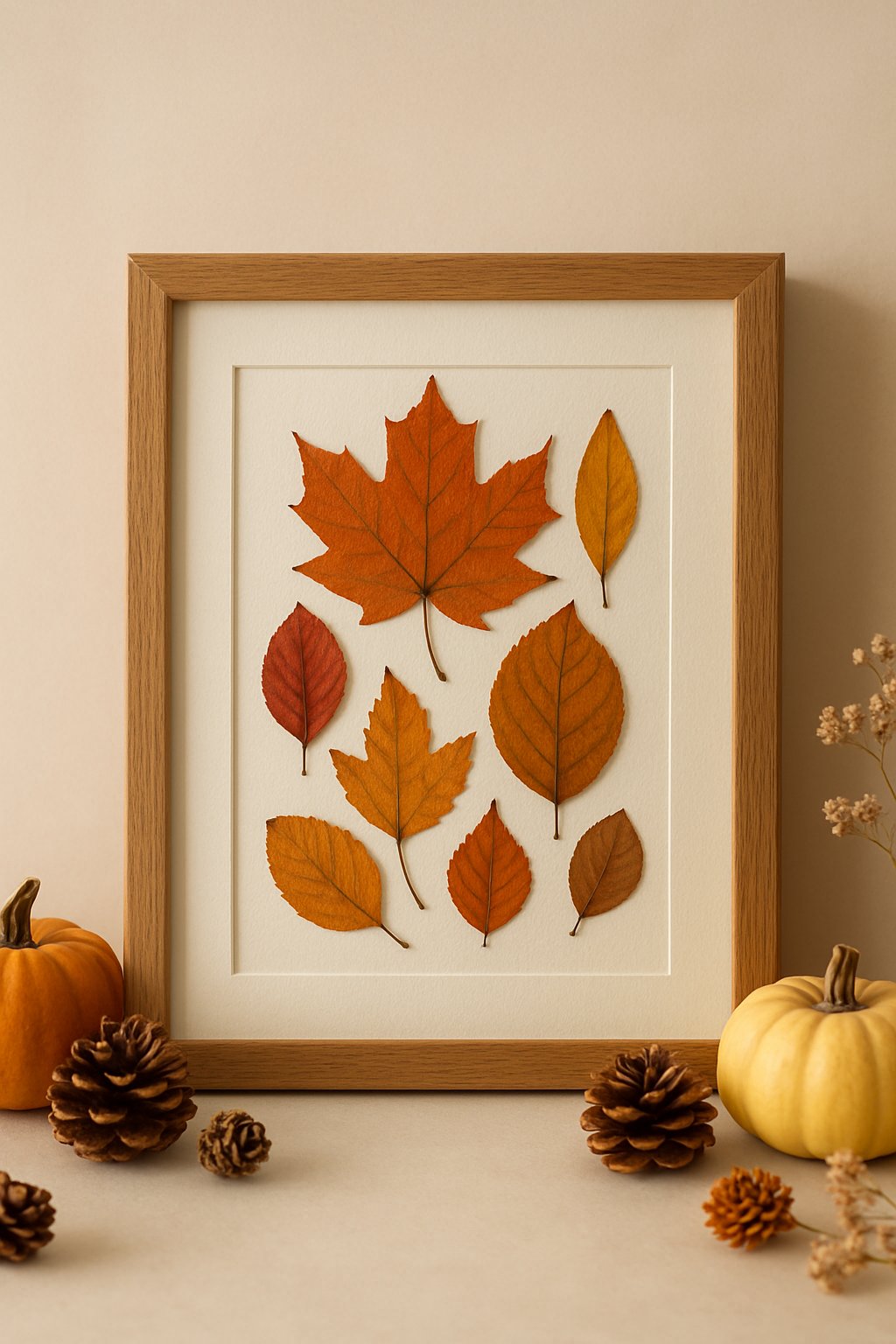 A framed artwork of pressed autumn leaves displayed with fall decorations including pumpkins and pine cones.