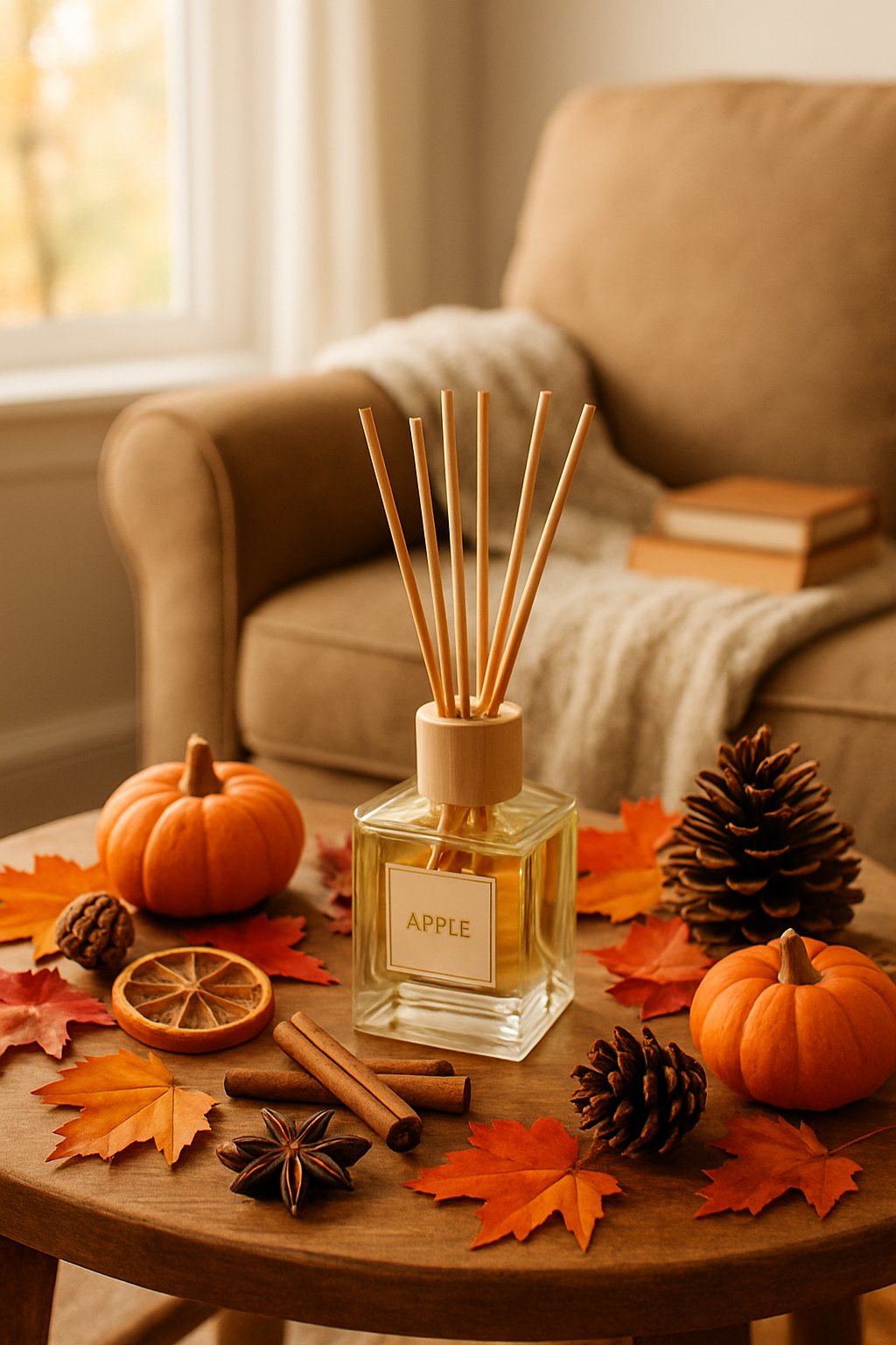 Apple-scented reed diffusers on a wooden table surrounded by pumpkins, pine cones, cinnamon sticks, dried orange slices, and autumn leaves in a cozy home setting.
