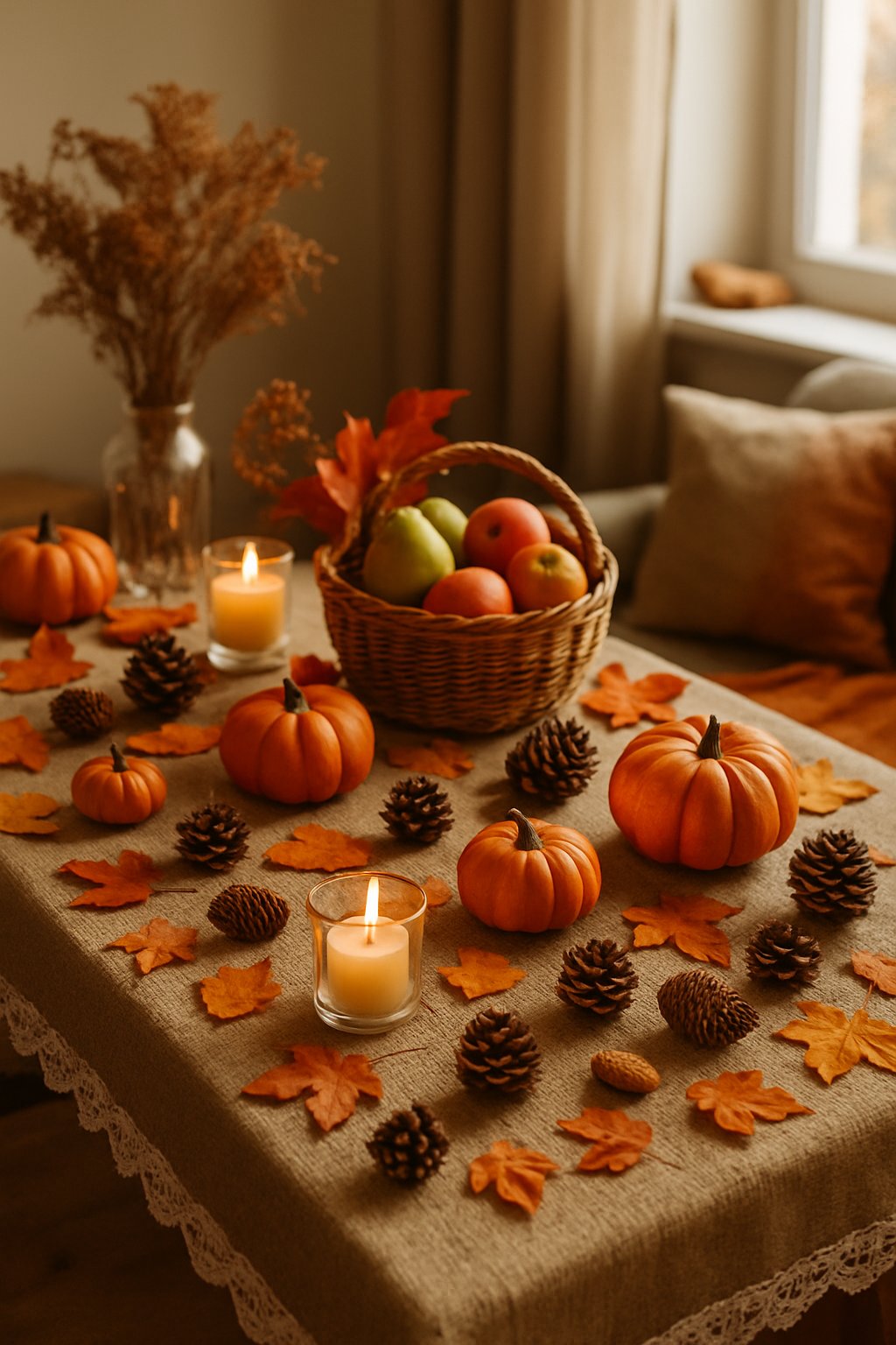 A wooden table covered with a burlap tablecloth trimmed with lace, decorated with pumpkins, pinecones, autumn leaves, candles, and a basket of seasonal fruits.