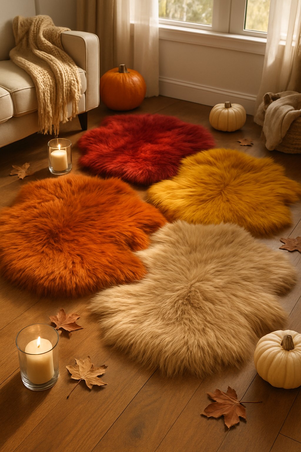 Cozy living room with layered faux fur rugs in warm fall colors on a wooden floor, decorated with pumpkins, dried leaves, and candles.