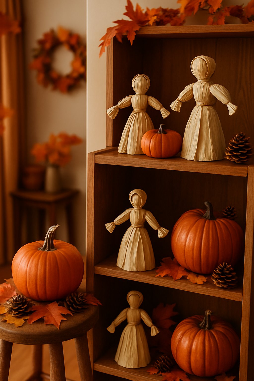 Shelves displaying corn husk dolls surrounded by autumn decorations like pumpkins and leaves in a cozy home setting.