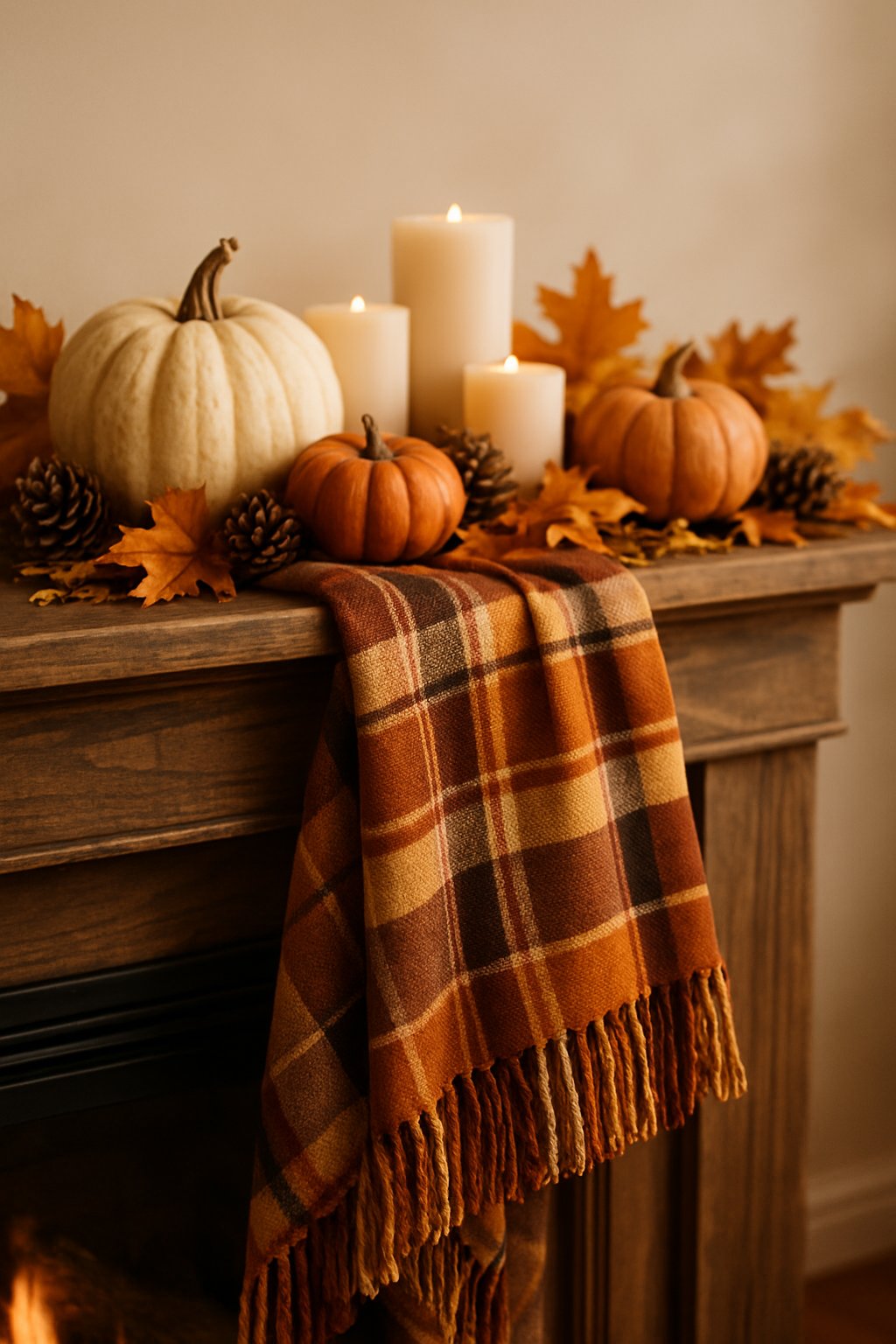 A fall mantle decorated with a plaid throw blanket, pumpkins, candles, pinecones, and dried leaves.