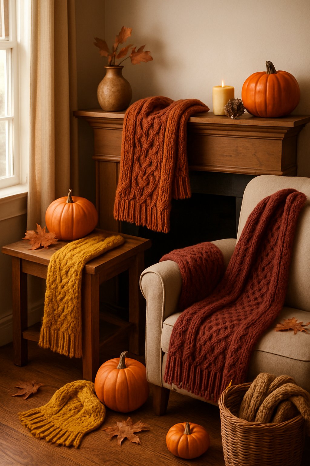 A cozy fall home interior with handmade knit scarves displayed as decor accents alongside pumpkins, dried leaves, and candles.