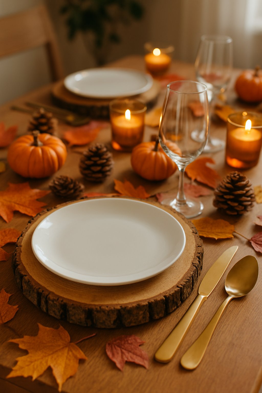 A dining table set with wood slice chargers, white plates, autumn leaves, small pumpkins, pine cones, candles, and gold cutlery.