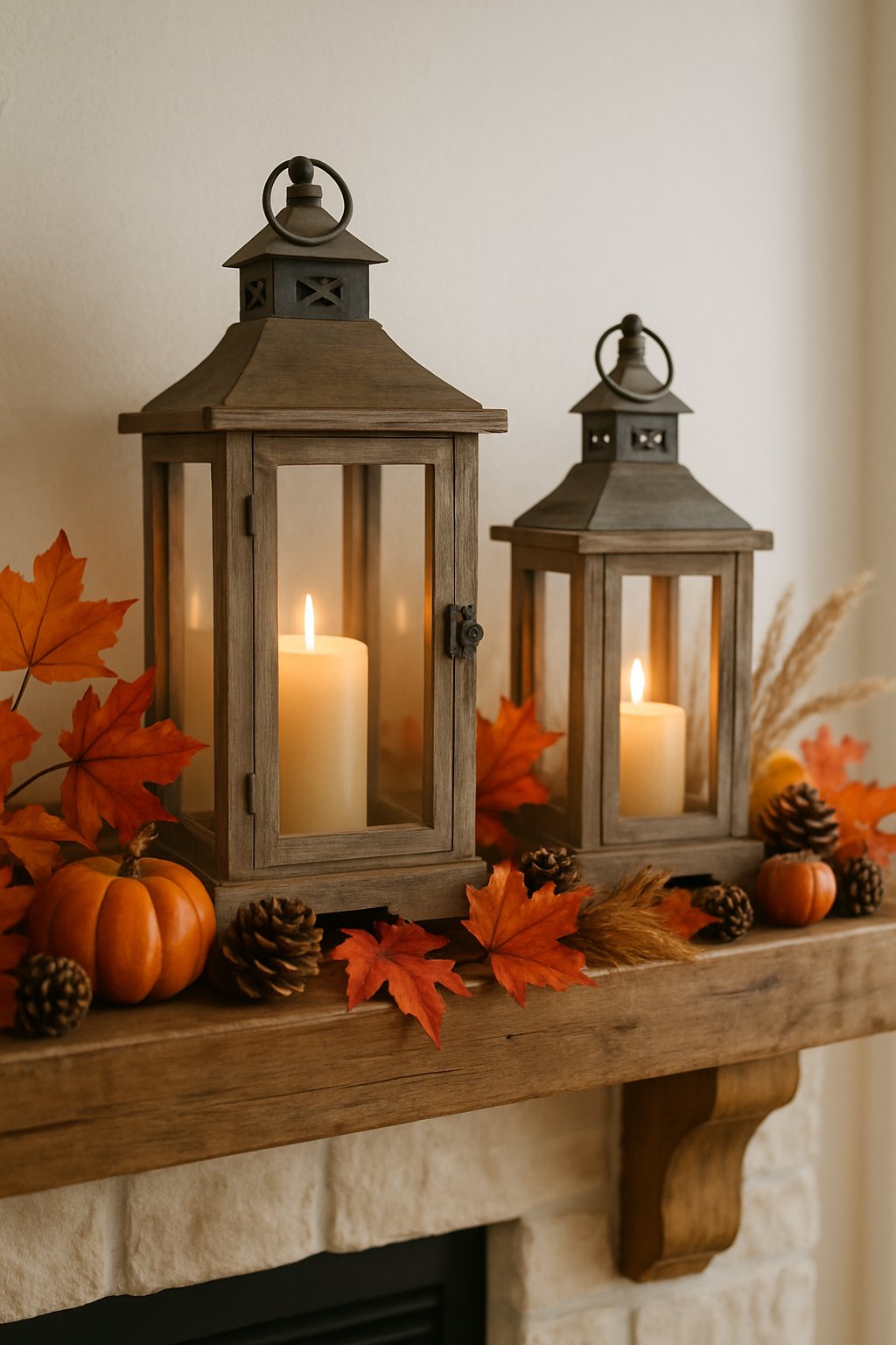 A fall mantle decorated with rustic wooden lanterns, glowing candles, pumpkins, autumn leaves, and pinecones.