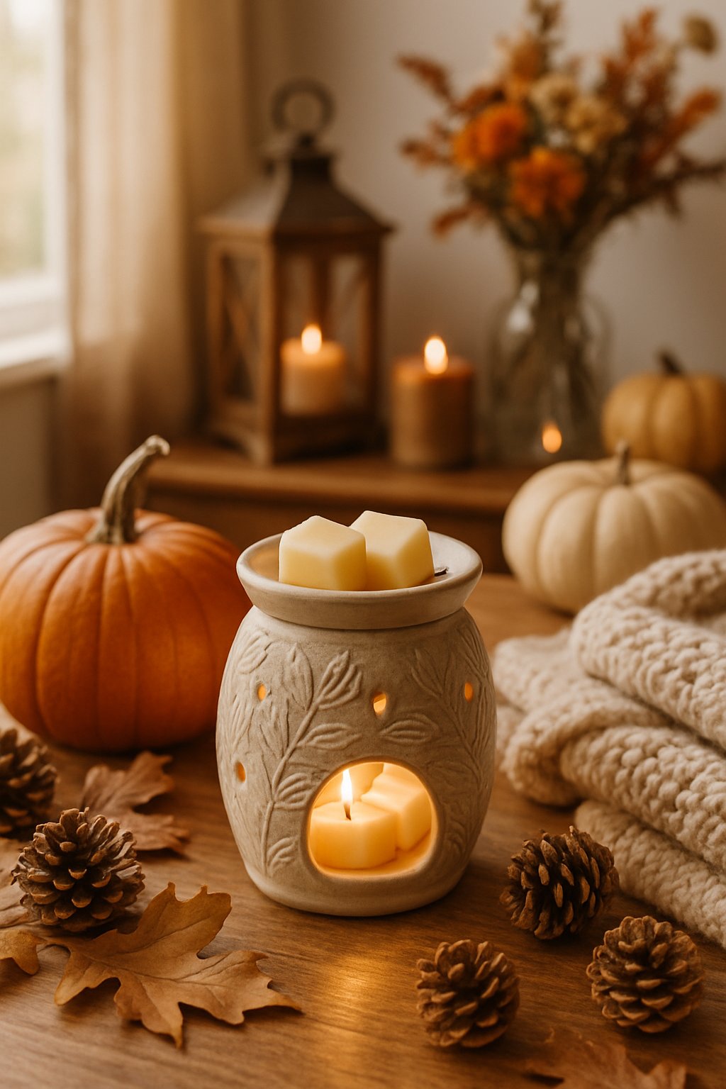 A warm fall home scene with toasted marshmallow wax melts melting in a ceramic warmer surrounded by pumpkins, dried leaves, and cozy autumn decorations on a wooden table.