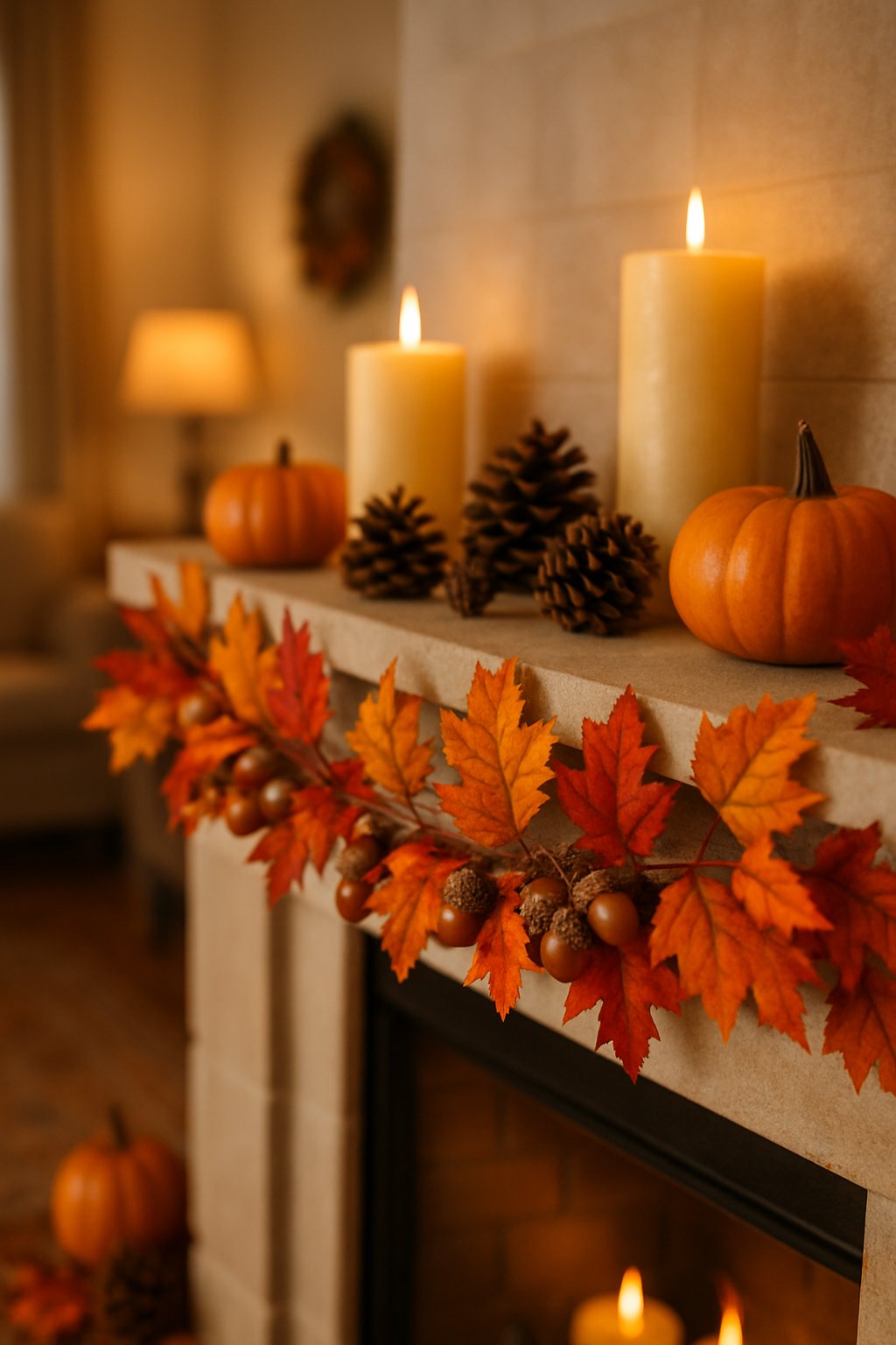 A decorated fireplace mantle with an acorn garland, pumpkins, pinecones, and candles creating a warm fall scene.