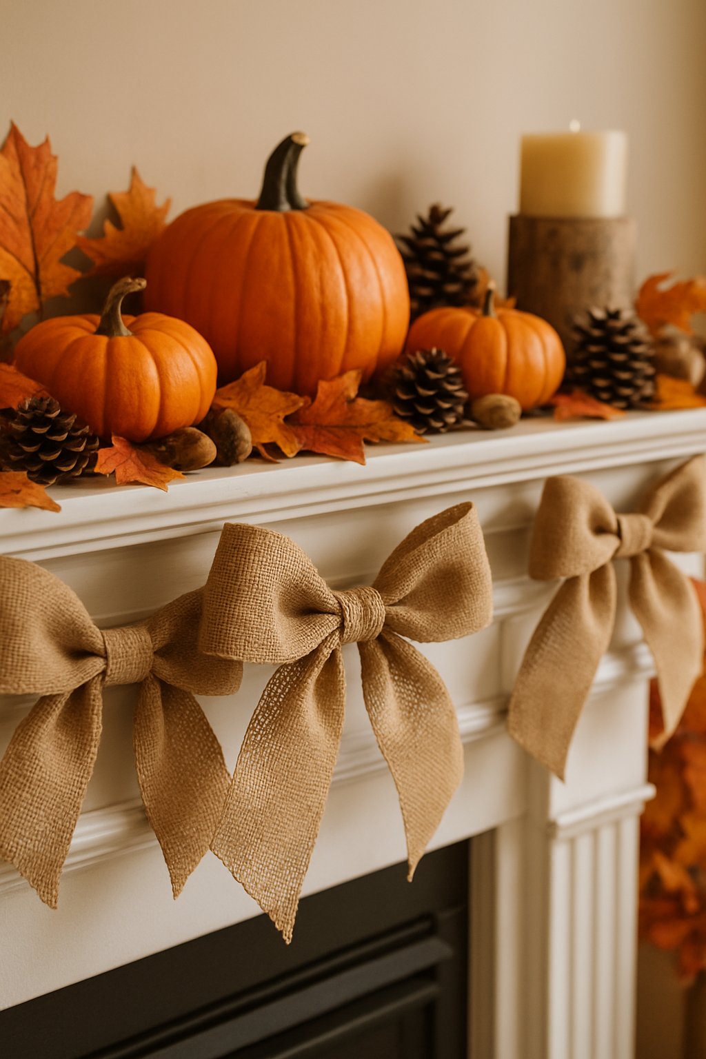 A fall mantle decorated with burlap ribbon bows, pumpkins, pinecones, and autumn leaves.