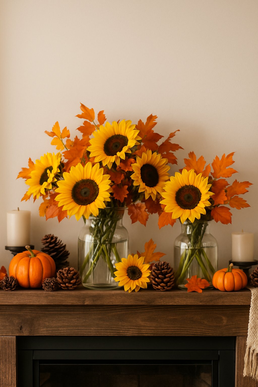 A fall mantle decorated with vases of sunflowers, autumn leaves, small pumpkins, and pinecones.