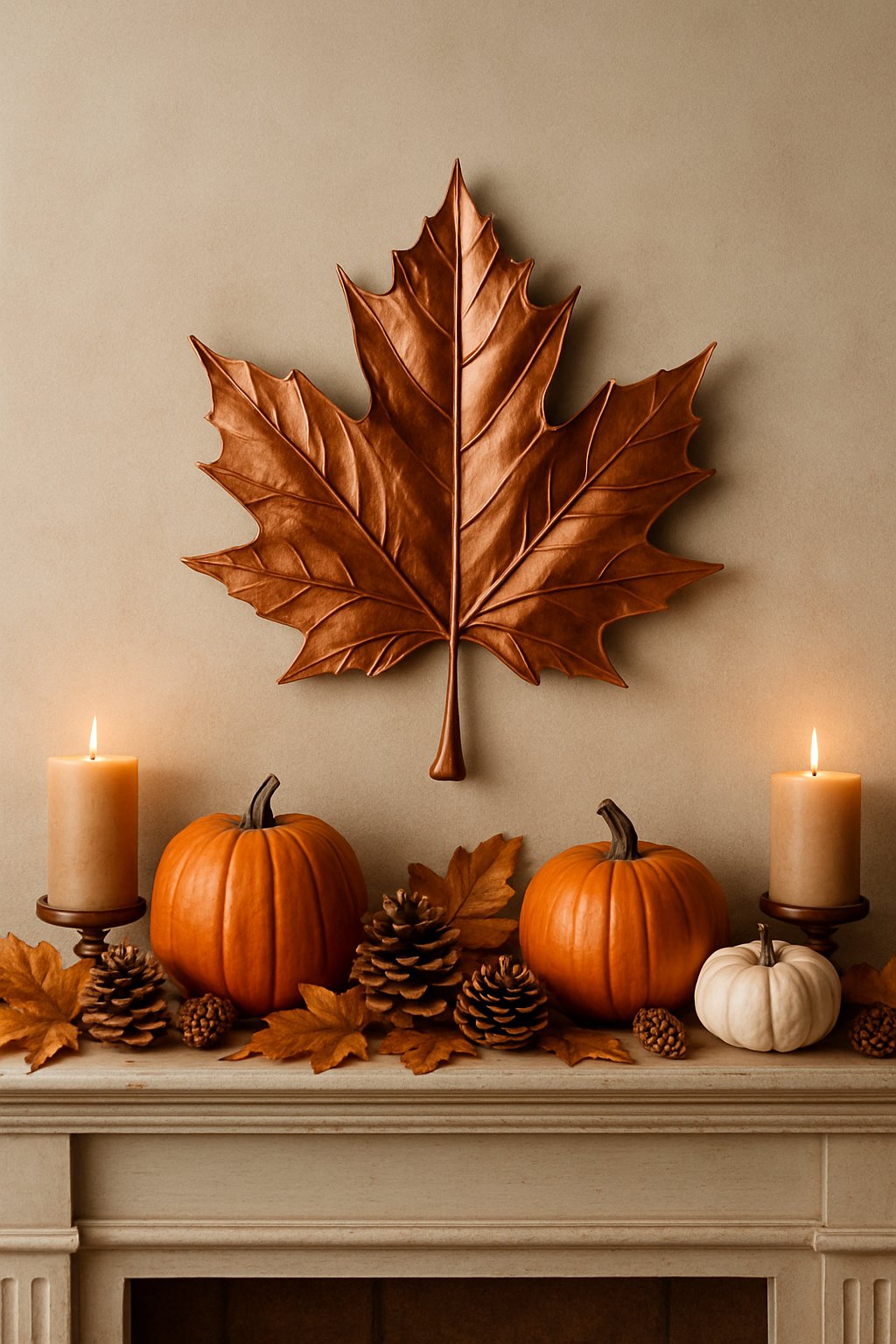 A fall mantle decorated with copper leaf wall art, pumpkins, pine cones, dried leaves, and candles.