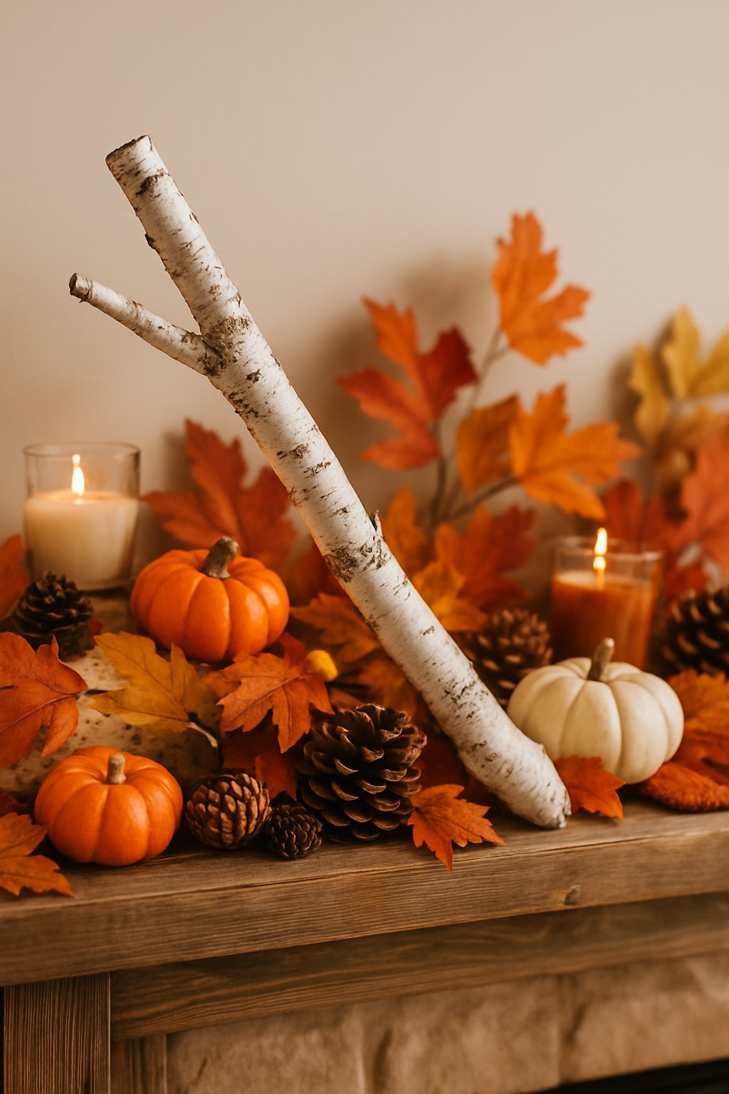 A fireplace mantle decorated with a faux birch branch and various fall decorations including pumpkins, leaves, pine cones, and candles.