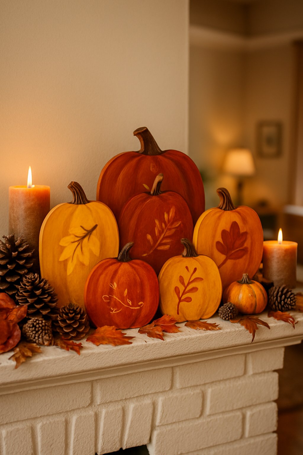 Fall mantle decorated with hand-painted pumpkin signs, pinecones, dried leaves, and candles creating a cozy autumn scene.