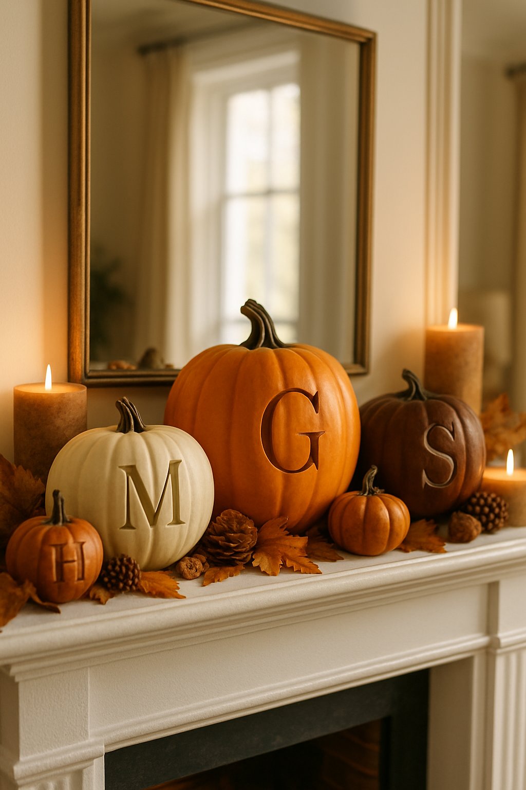 A fall mantel decorated with monogrammed pumpkins, autumn leaves, pinecones, and candles in a cozy living room.