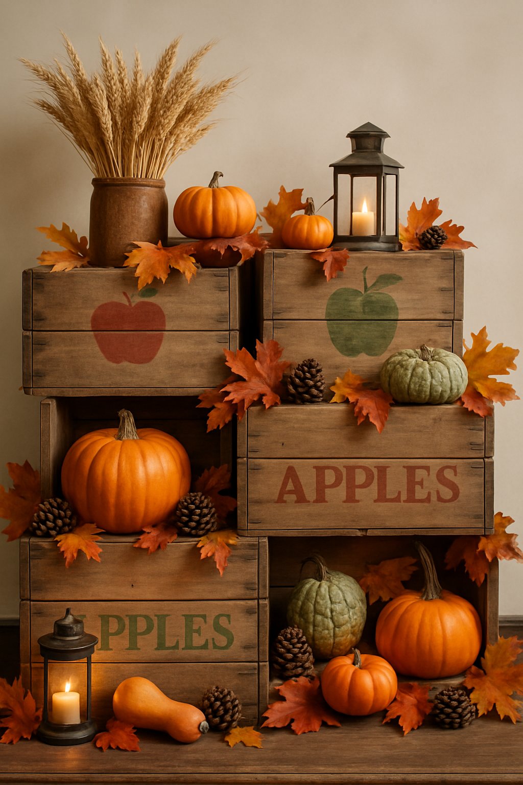 Stacked vintage wooden apple crates decorated with pumpkins, fall leaves, and autumn harvest items on a mantle.