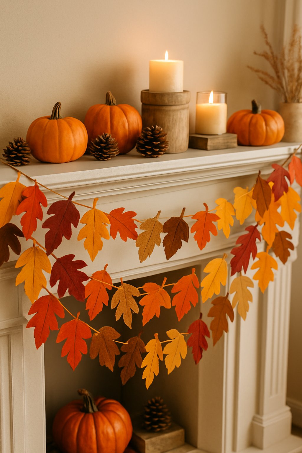 A living room mantle decorated with felt leaf garlands and autumn-themed items like pumpkins and candles.
