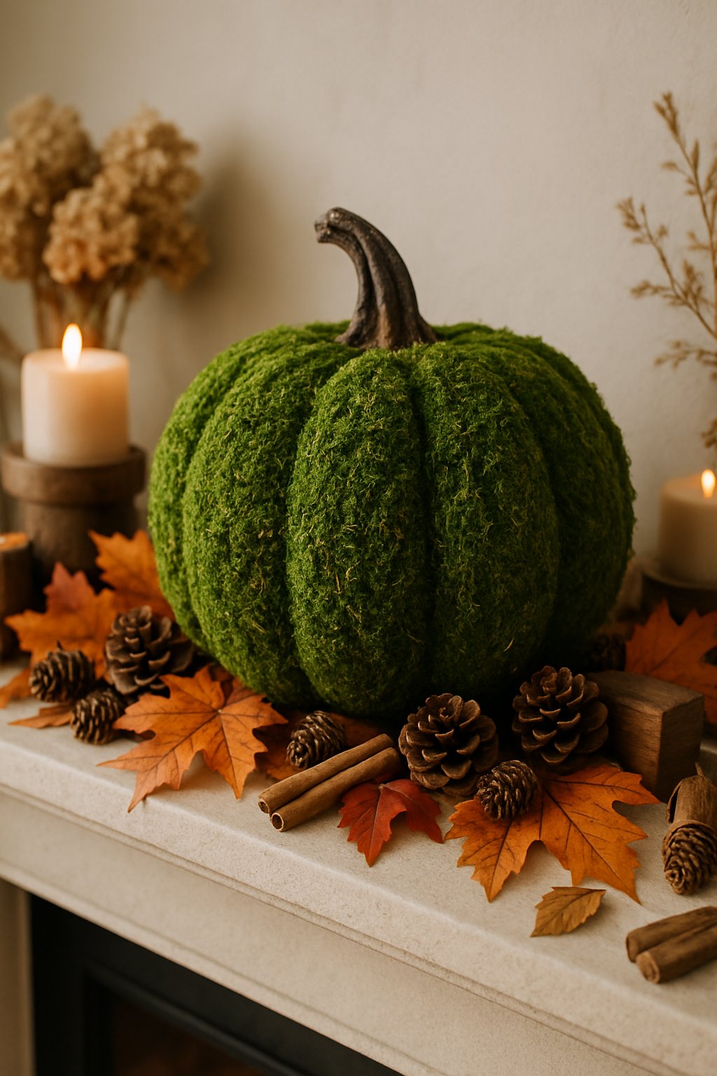A fall mantle decorated with a moss-covered pumpkin surrounded by autumn leaves, pinecones, and candles.