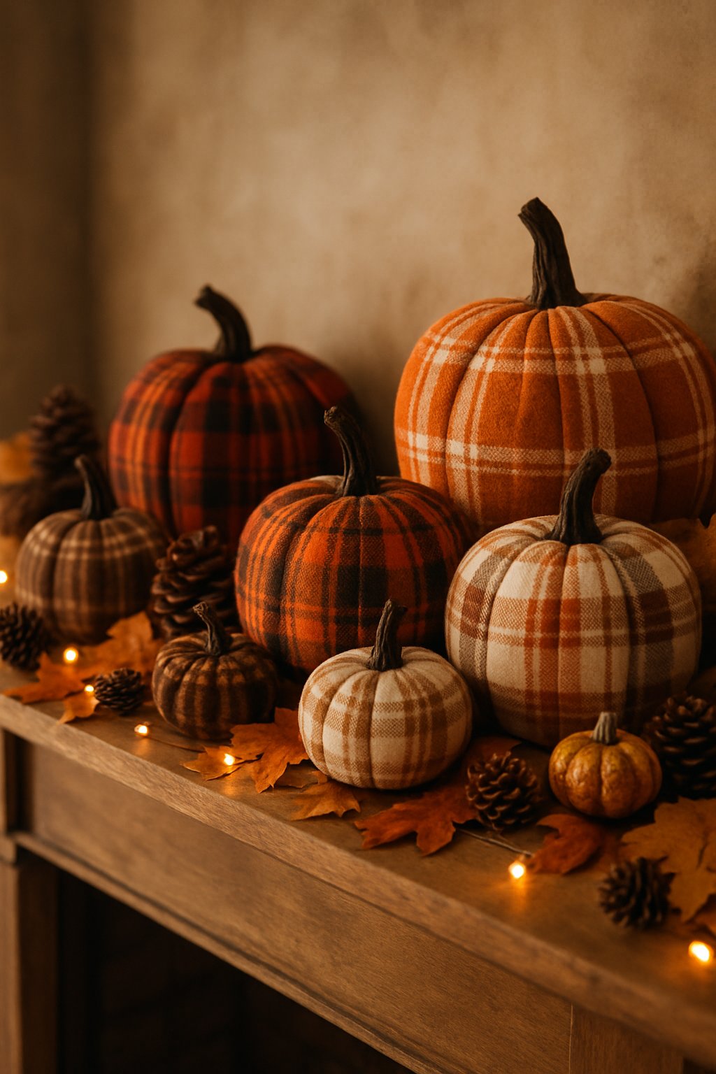 A fall mantle decorated with several plaid fabric pumpkins, pinecones, dried leaves, and small gourds.
