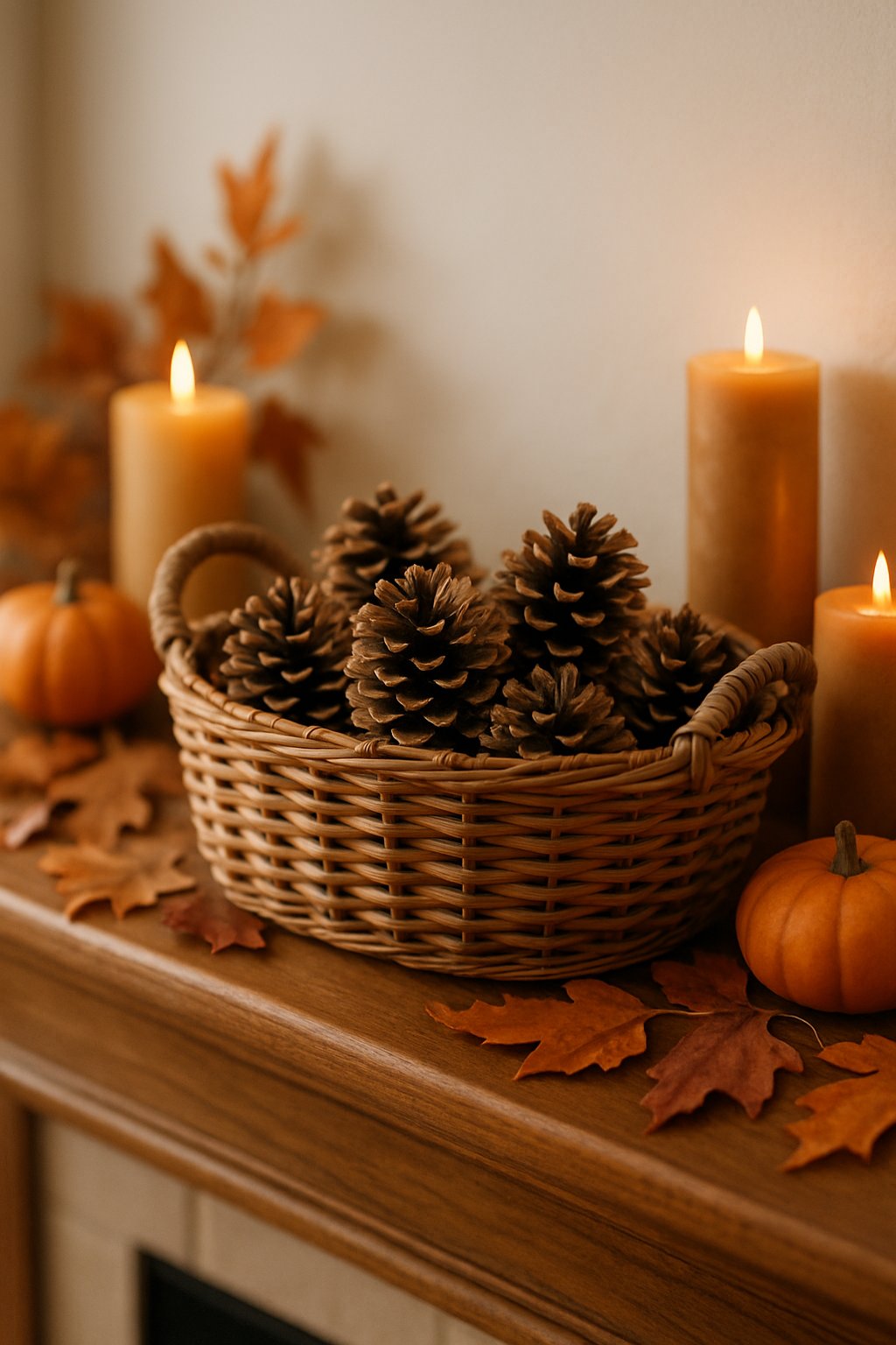 A woven basket filled with pinecones sitting on a wooden mantle decorated with autumn leaves, small pumpkins, and candles.