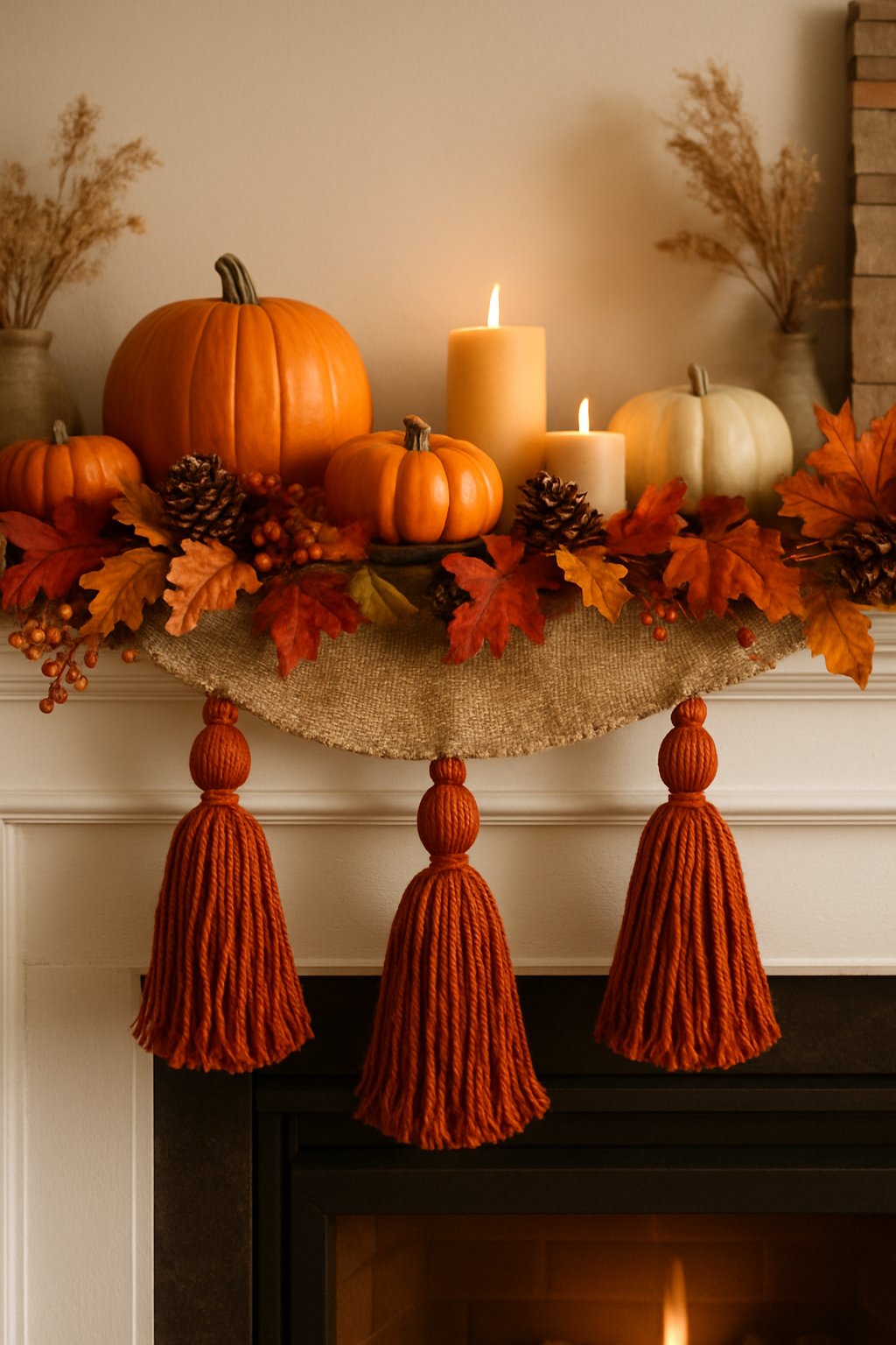 A fall mantle decorated with rust-colored tassels, pumpkins, leaves, pinecones, and candles.