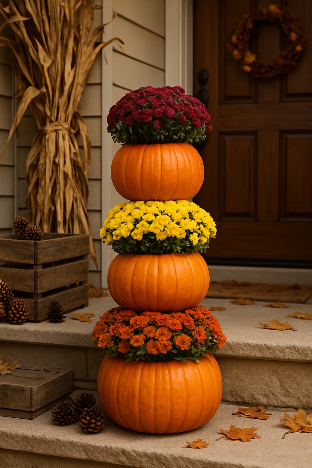 A stack of three pumpkins filled with colorful mums arranged on a front porch with autumn decorations and fallen leaves.