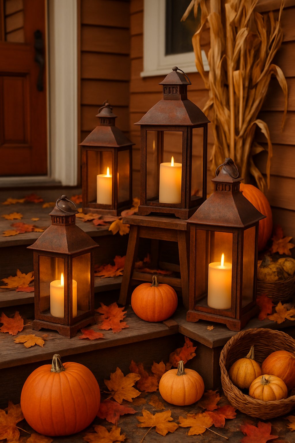 Rusty metal lanterns with glowing LED candles arranged on a fall-decorated front porch with pumpkins and autumn leaves.