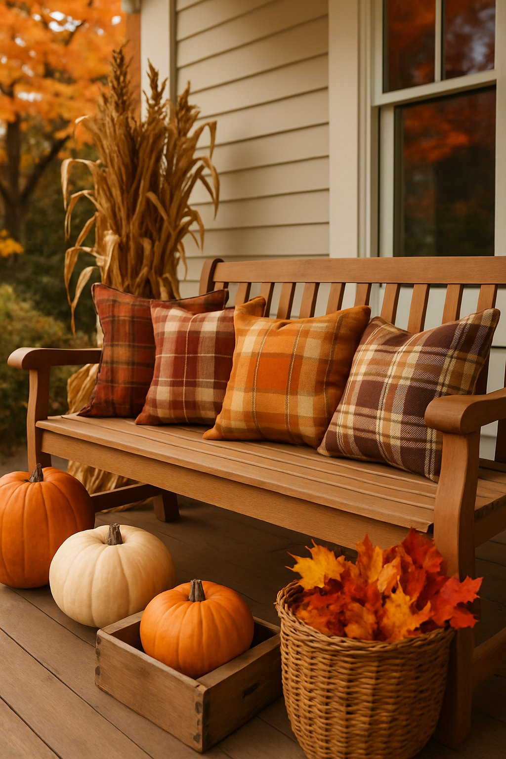 A front porch with a wooden bench decorated with plaid throw pillows and fall decorations including pumpkins and leaves.