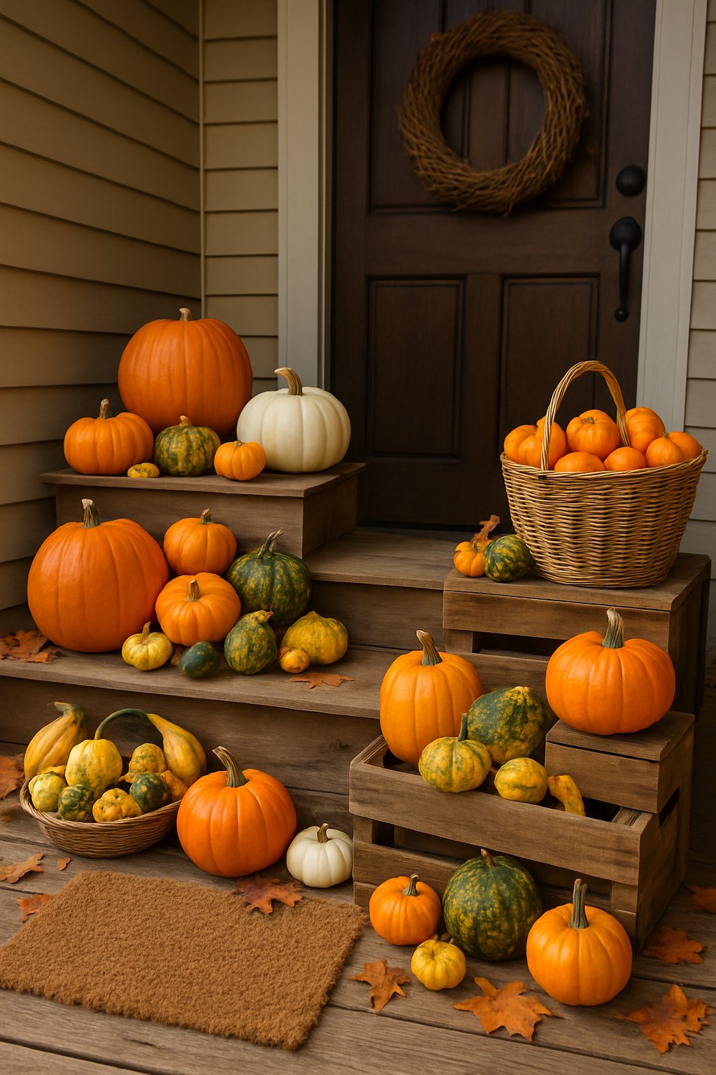A front porch decorated with a variety of gourds and mini pumpkins arranged on steps and in baskets, with autumn leaves scattered around.