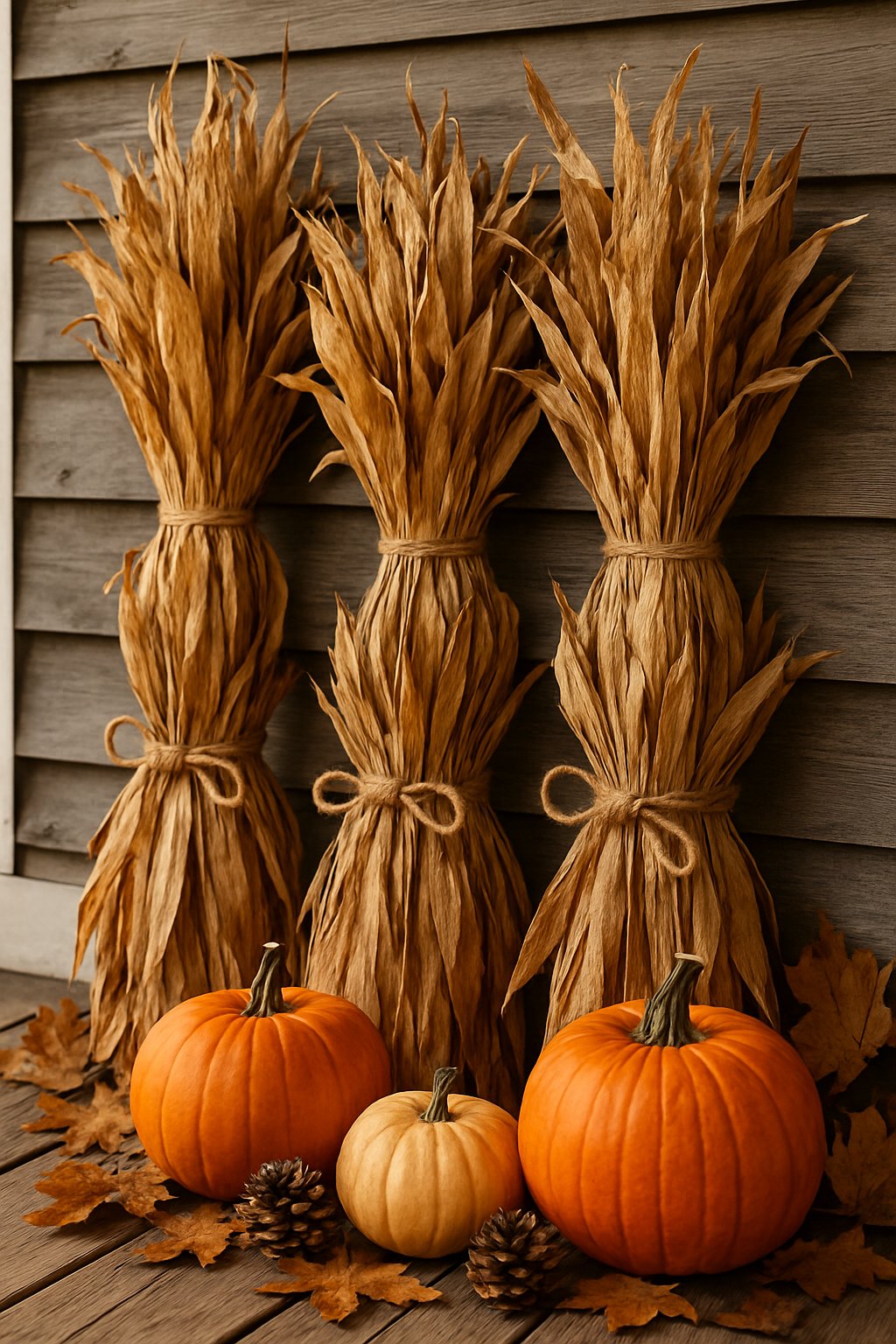 Bundles of dried cornstalks tied with burlap on a front porch surrounded by pumpkins and autumn leaves.