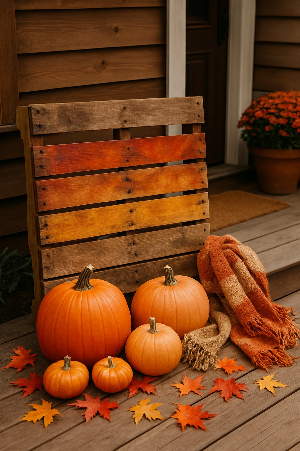 A wooden pallet decorated with fall colors and surrounded by pumpkins and autumn leaves on a front porch.