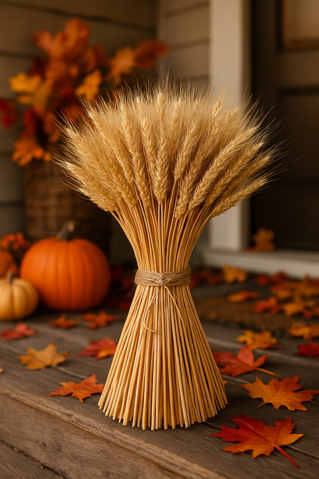 A wheat sheaf tied with twine displayed on a wooden front porch surrounded by fall decorations like pumpkins and autumn leaves.
