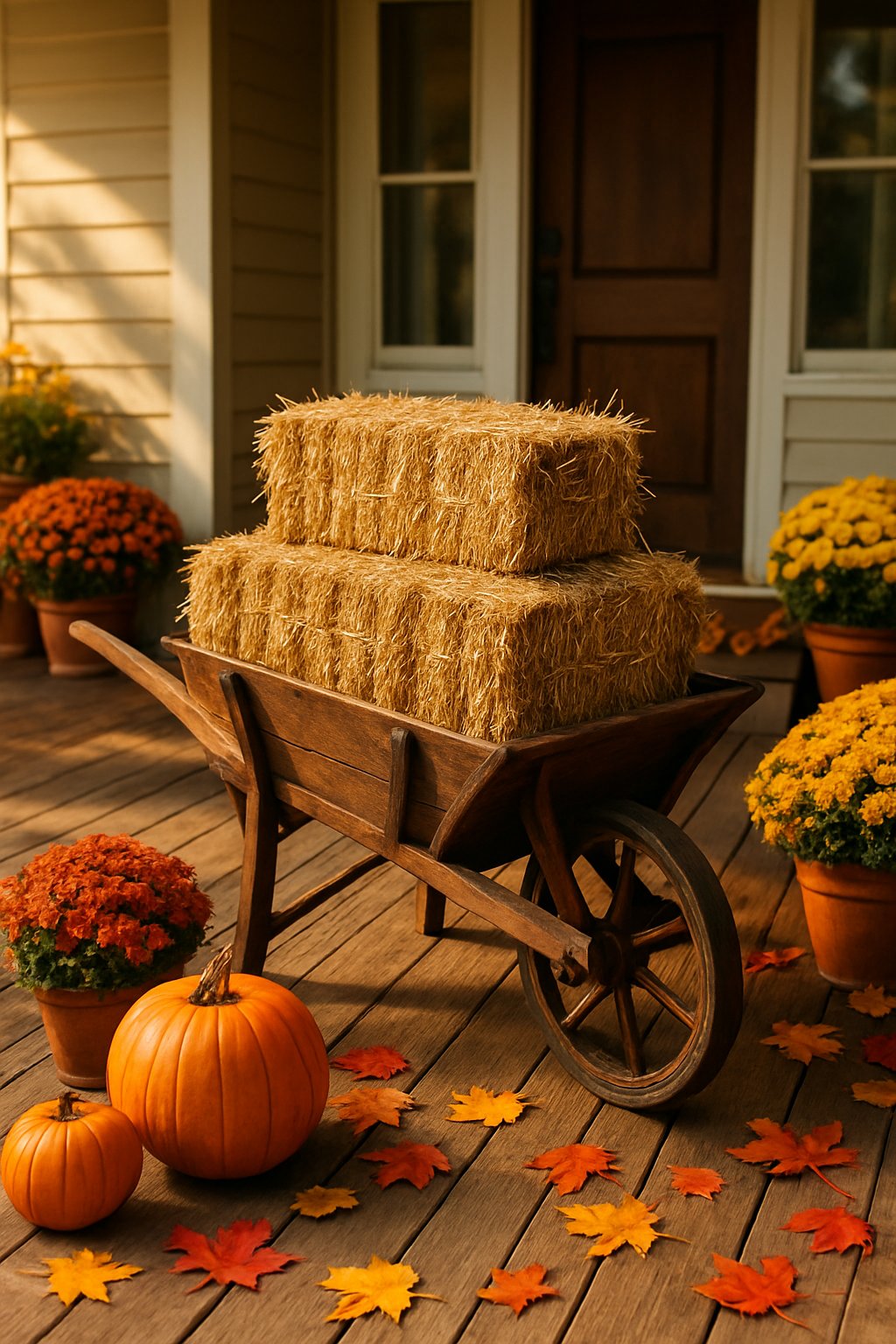 A vintage wooden wheelbarrow filled with hay bales on a front porch decorated with pumpkins and fall leaves.