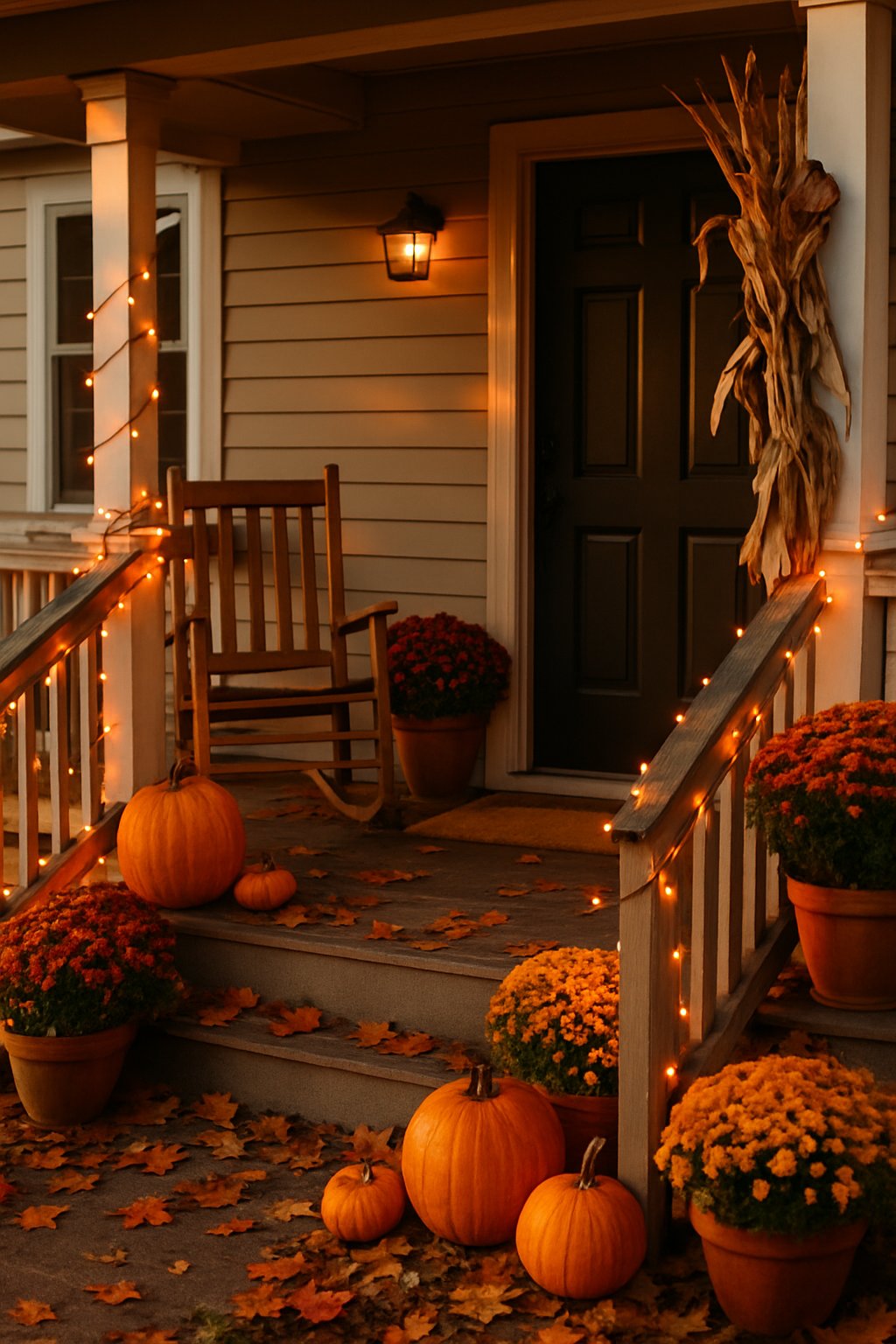 A front porch decorated with orange fairy lights draped on the railing, surrounded by pumpkins, fall leaves, and seasonal plants.