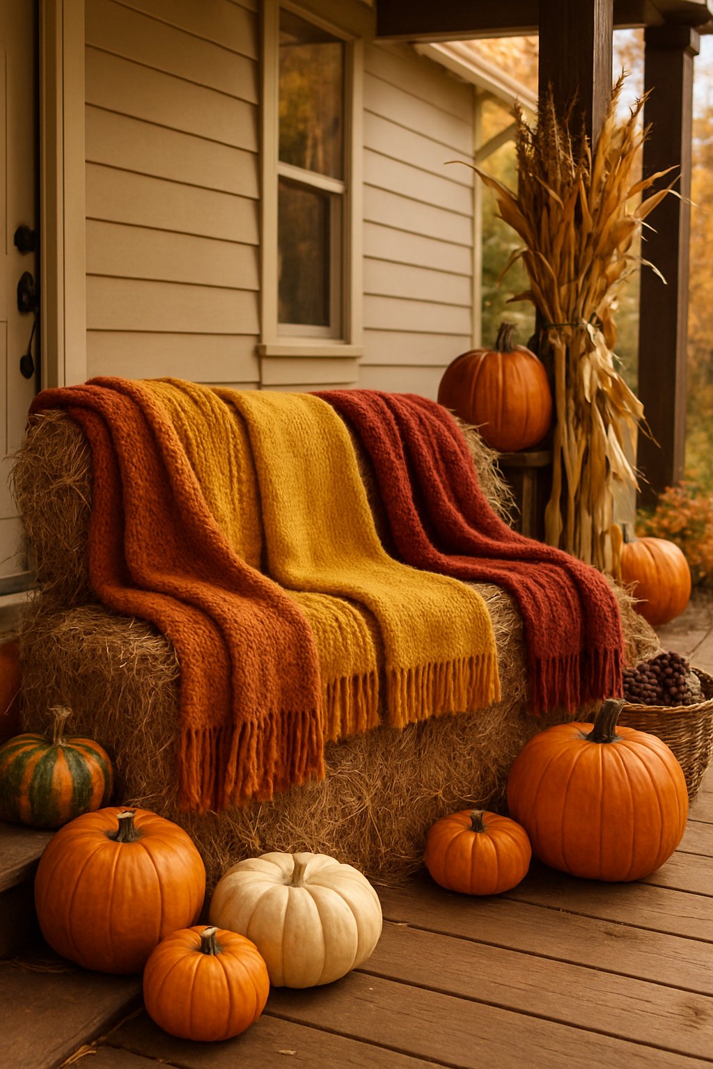 A hay bale bench on a front porch decorated with cozy blankets and fall-themed items like pumpkins and dried corn stalks.