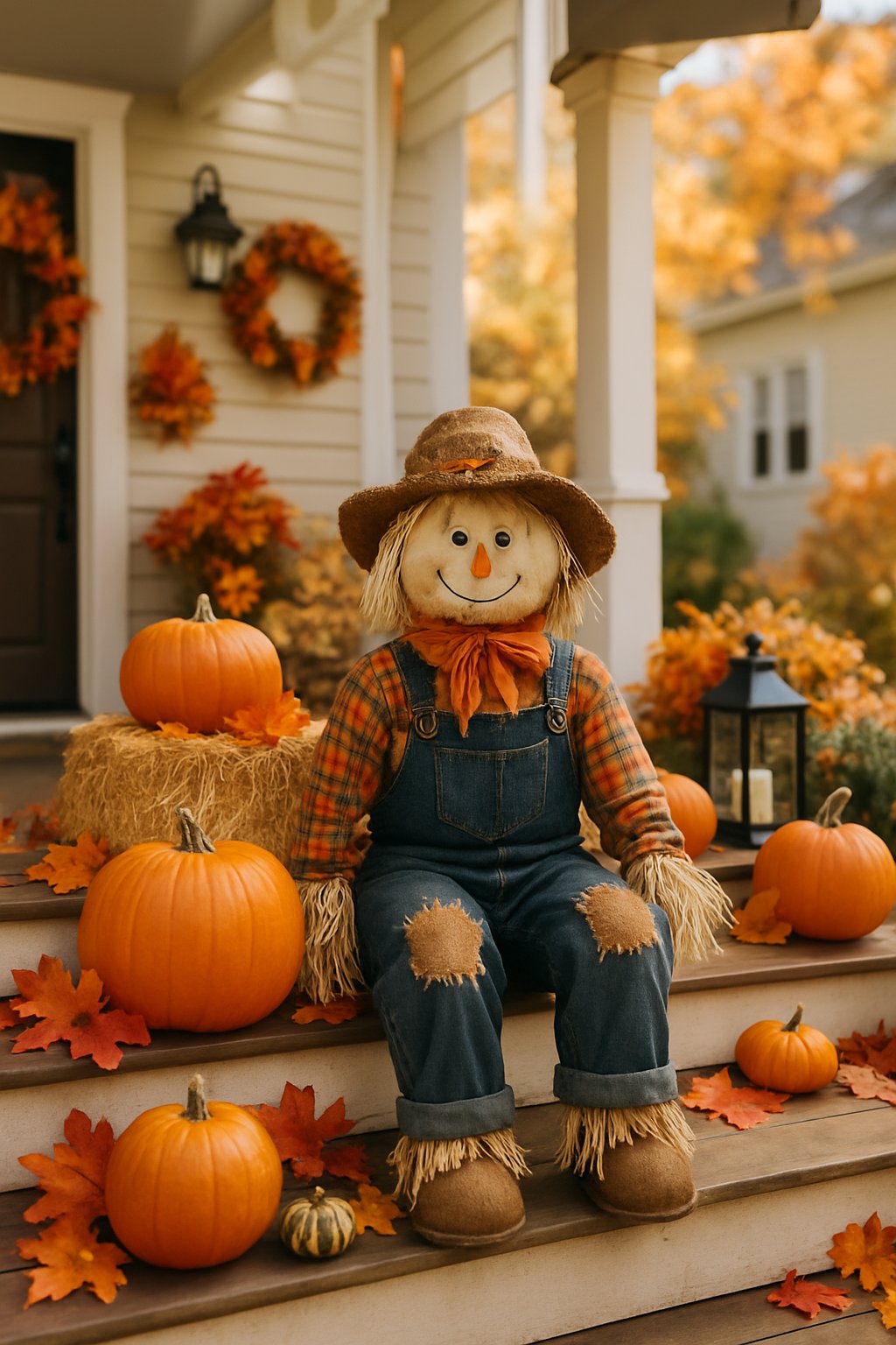 A scarecrow dressed in fall clothes sitting on wooden front porch steps surrounded by pumpkins, leaves, and autumn decorations.