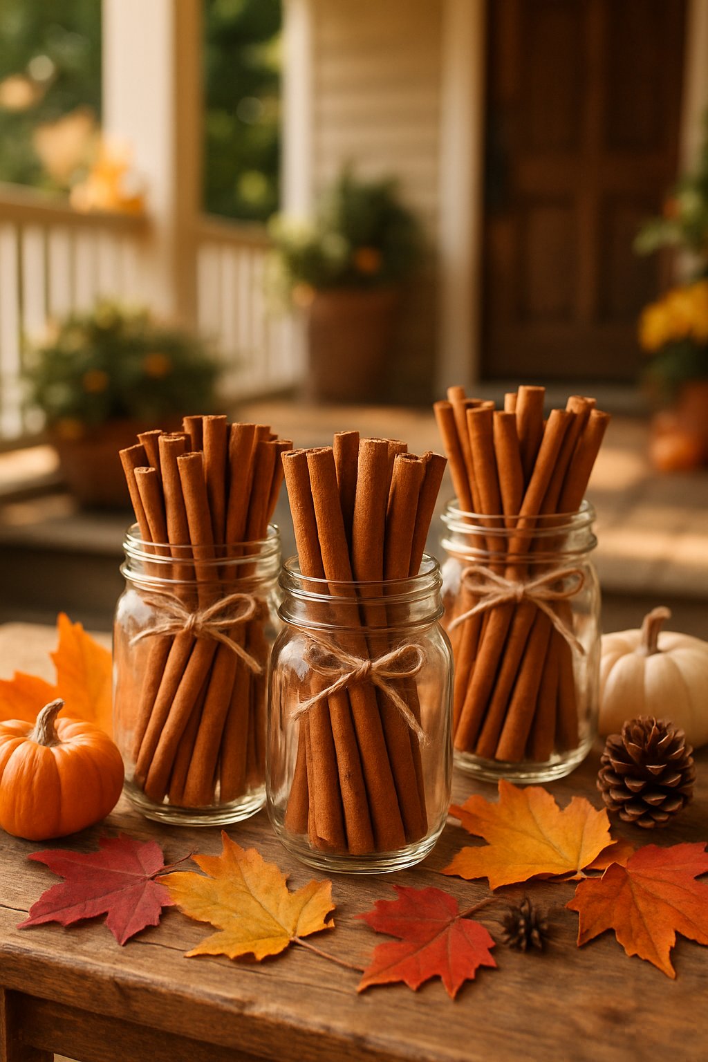 Bundles of cinnamon sticks tied with twine inside mason jars on a wooden front porch table with autumn leaves, pumpkins, and pinecones.
