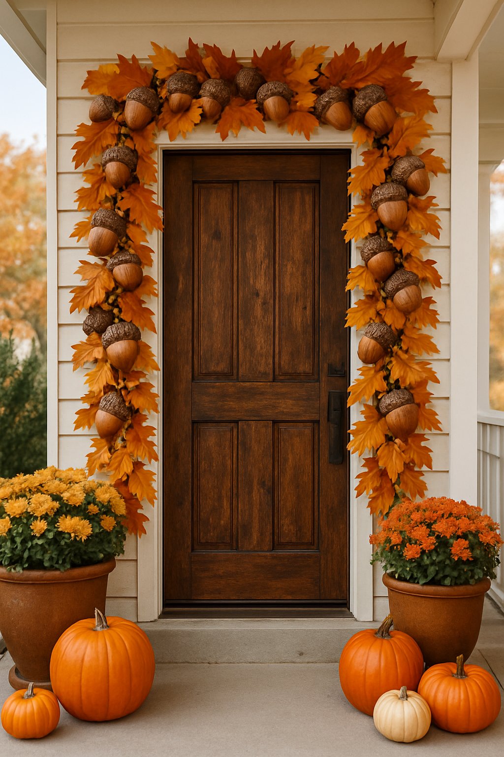 Front porch with an acorn garland hung around the doorframe and autumn decorations including pumpkins and potted plants.