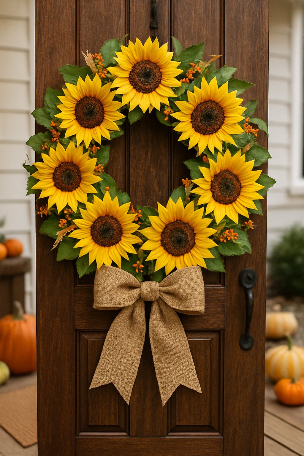 A sunflower wreath with a burlap bow hanging on a wooden front door surrounded by fall decorations.